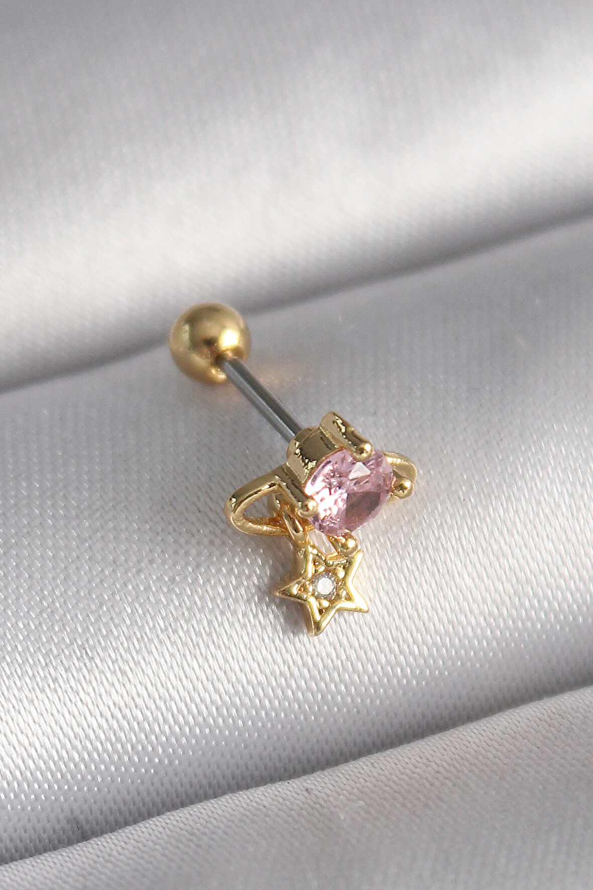 STİLLOVE 316L Çelik Gold Renk Pembe Zirkon Taşlı Sallantı Yıldız Detay Tragus Piercing