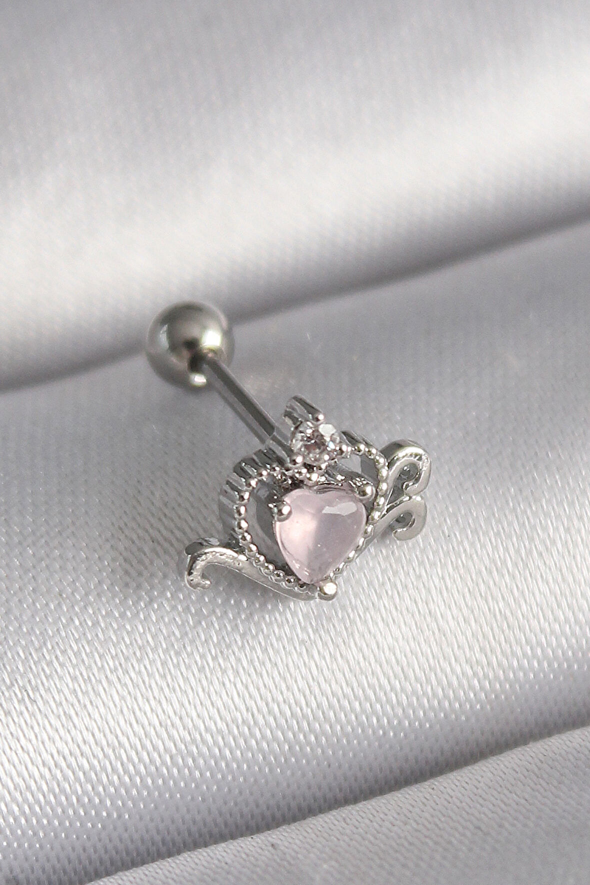 STİLLOVE 316L Çelik Gümüş Renk Pembe Mineli Kalp Zirkon Taş Detay Tragus Piercing
