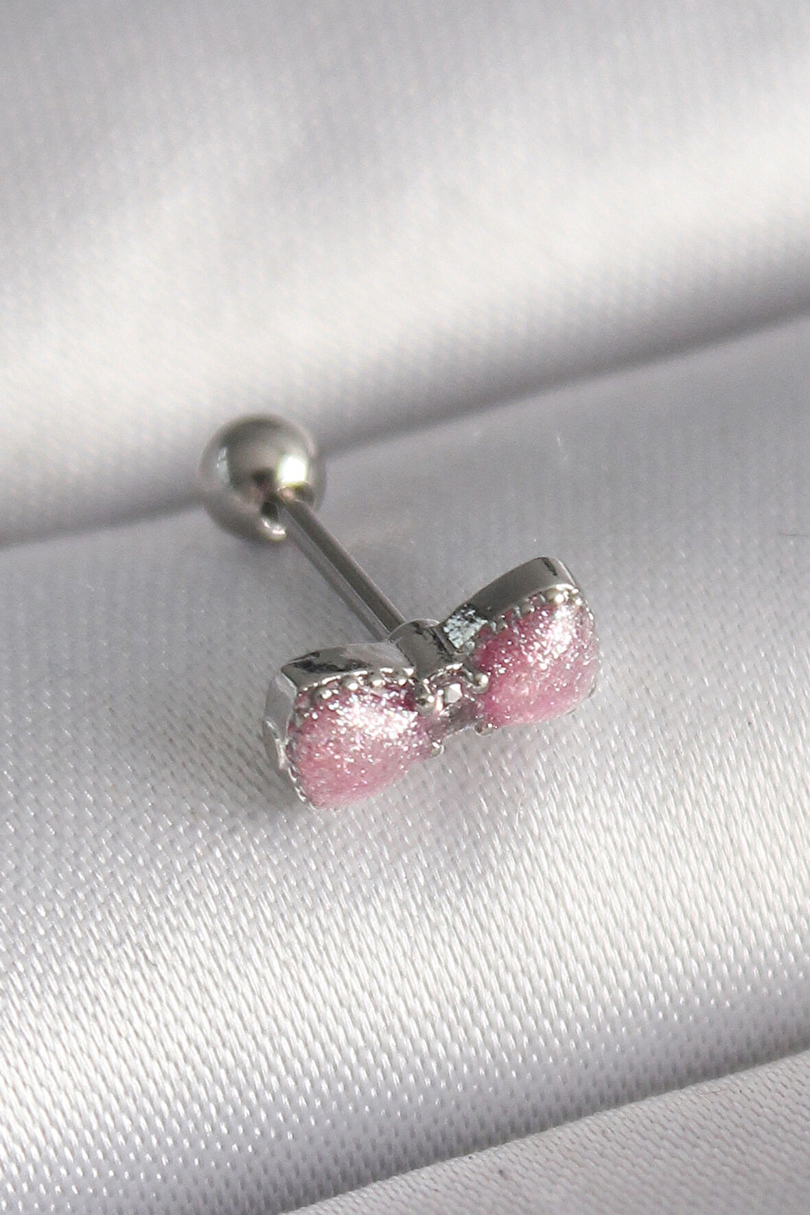 STİLLOVE 316L Çelik Gümüş Renk Pembe Kurdele Zirkon Taş Detay Tragus Piercing