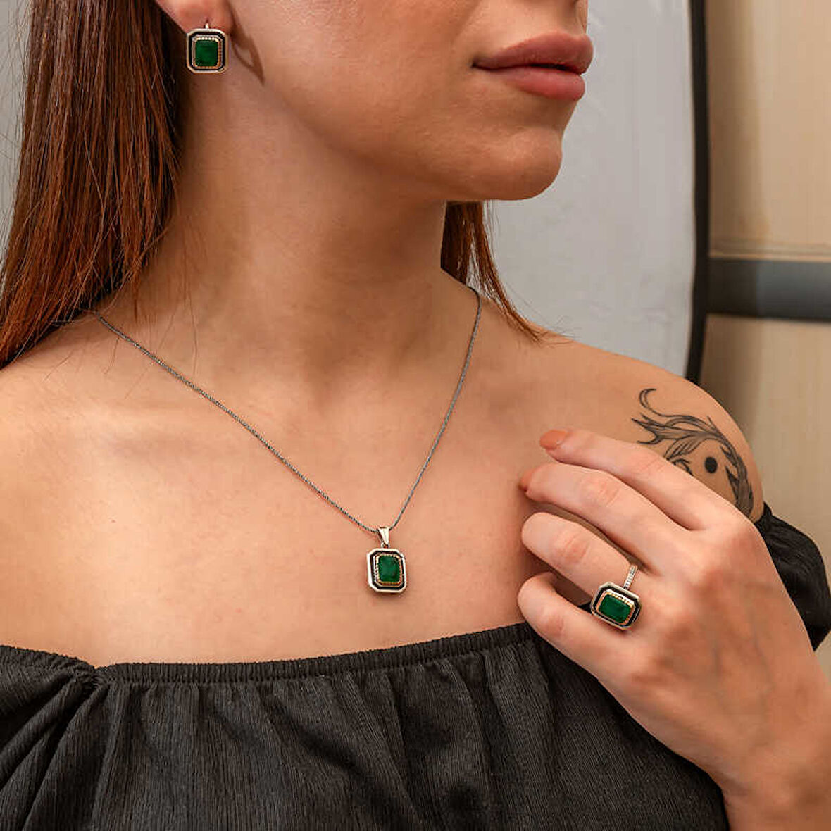 STİLLOVE Gümüş Yeşil Taşlı Otantik Kadın Set