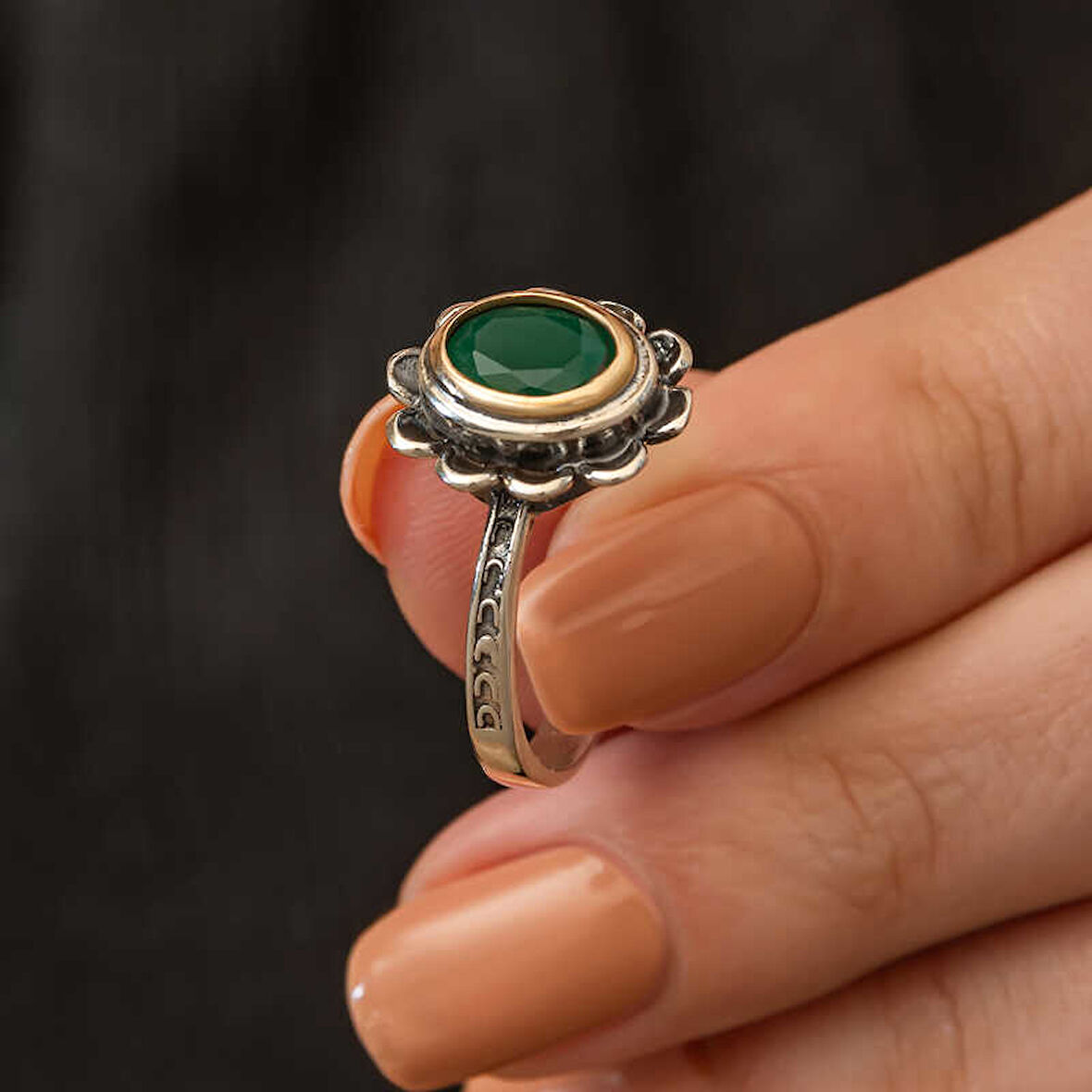 STİLLOVE Gümüş Yeşil Çiçek Desenli Otantik Kadın Yüzük