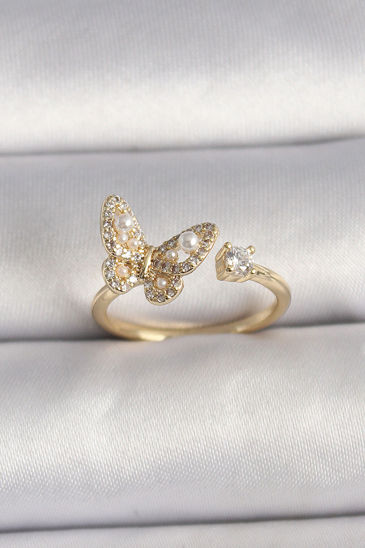 STİLLOVE Pirinç Gold Renk Zirkon Taşlı Kelebek Model İnci Detay Ayarlanabilir Yüzük