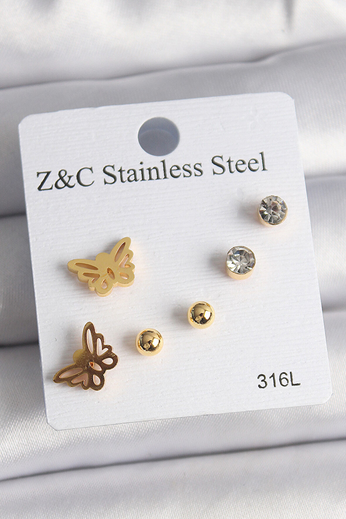 STİLLOVE 316L Çelik Gold Renk Zirkon Taşlı Kelebek Figür Kadın Küpe Seti