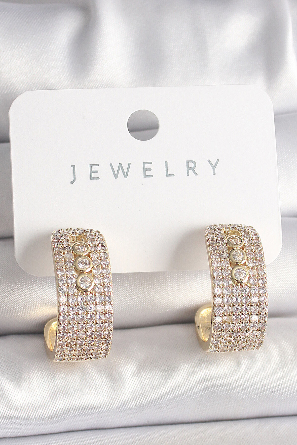 STİLLOVE Pirinç Gold Renk Zirkon Taşlı Halka Messika Model Kadın Küpe