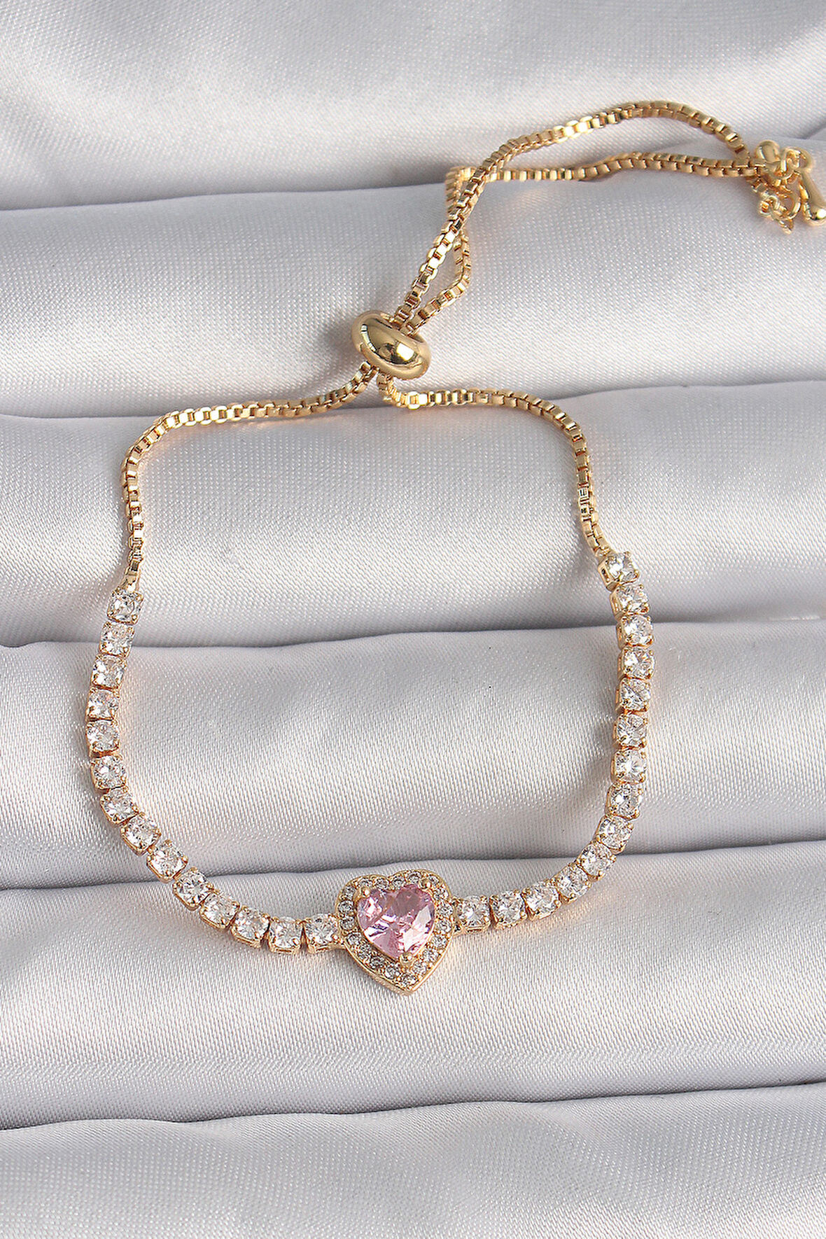 STİLLOVE Pirinç Gold Renk Su Yolu Zirkon Taşlı Pembe Zirkon Taşlı Kalp Asansör Model Charm Kadın Bileklik