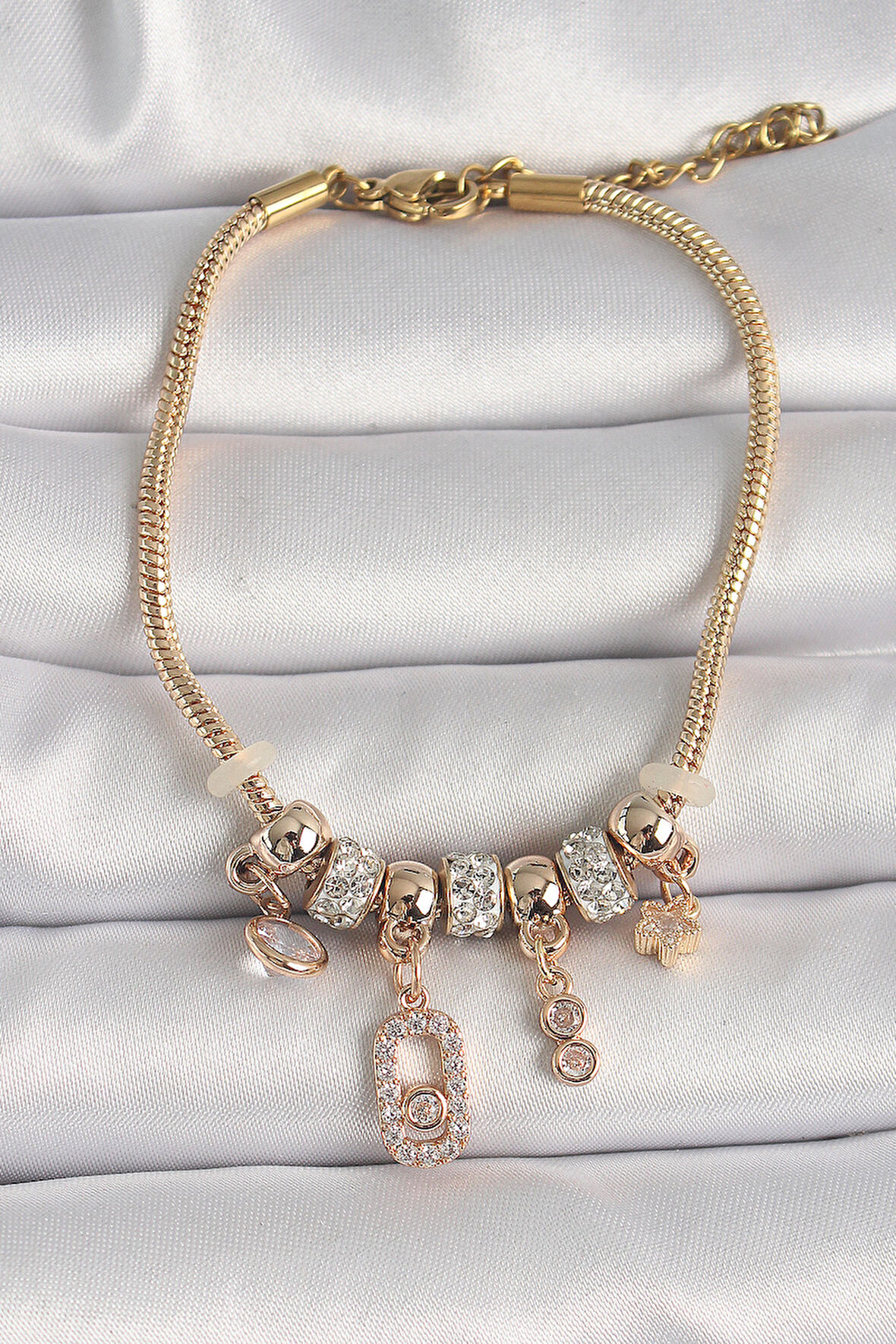 STİLLOVE 316L Çelik Gold Renk Zincir Sallantı Zirkon Taşlı Messika Figür Yıldız Detay Kadın Bileklik