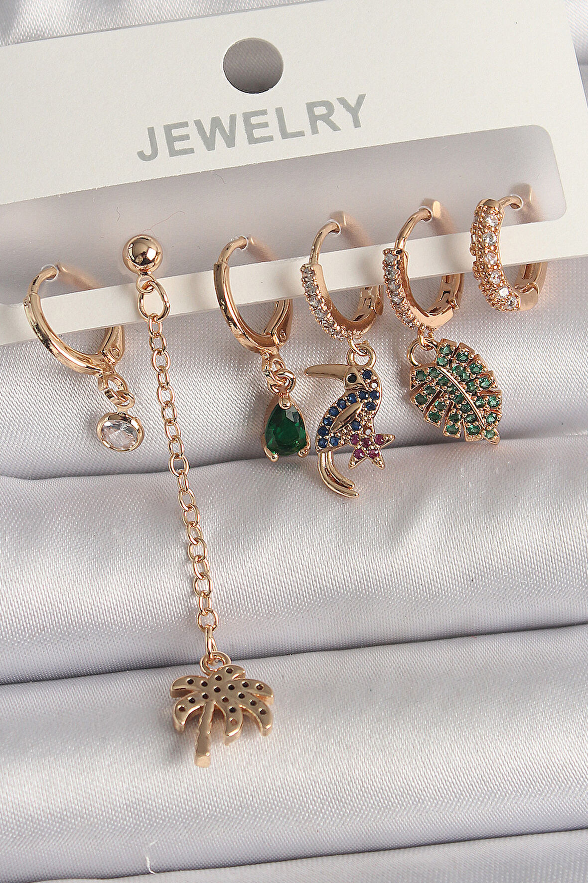 STİLLOVE Pirinç Gold Renk Sallantı Zirkon Taşlı Ağaç Figür Kadın Küpe Seti