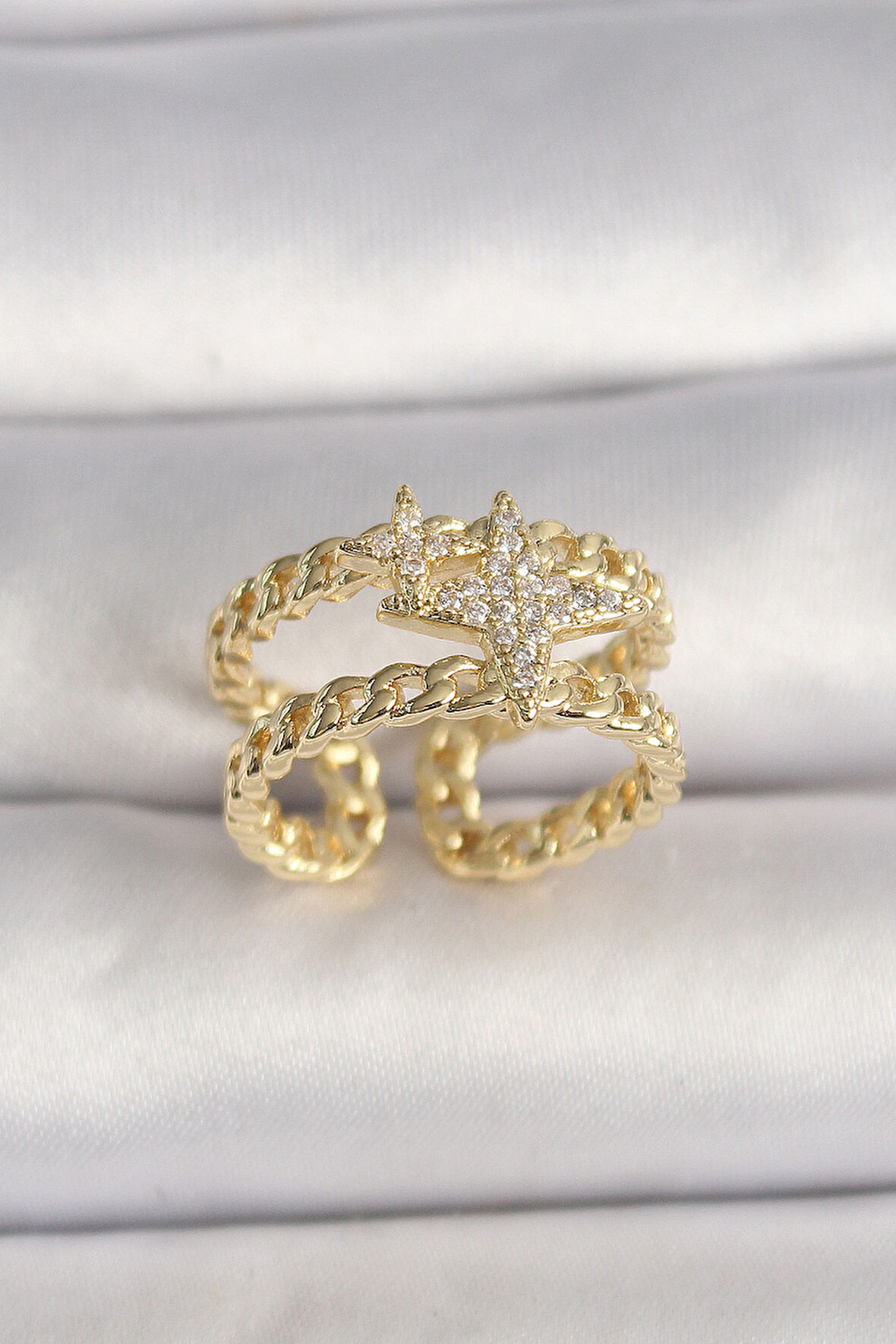 STİLLOVE Pirinç Gold Renk 2'Li Zincir Zirkon Taşlı Yıldız Figür Kadın Kolye