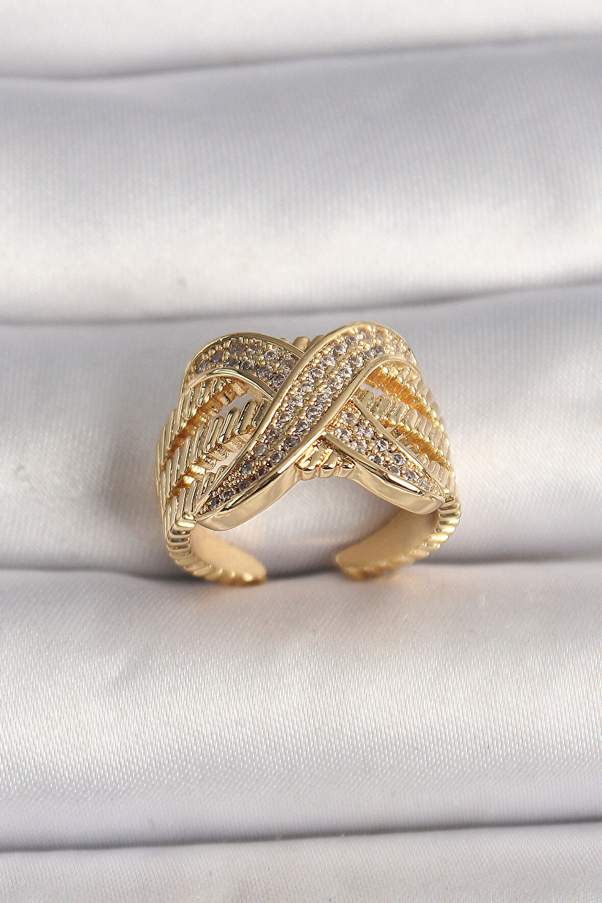 STİLLOVE Pirinç Gold Renk Ayarlanabilir Zirkon Taşlı X Model Kadın Yüzük