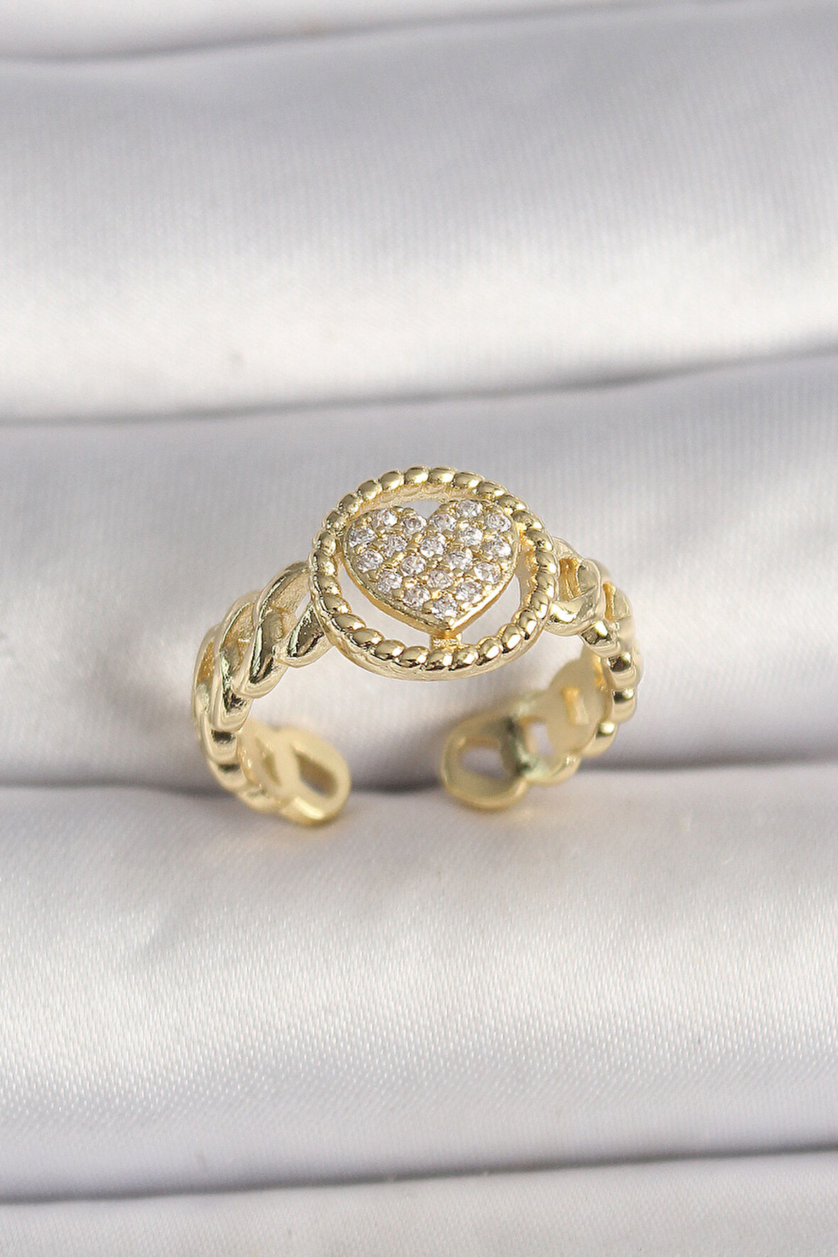 STİLLOVE Pirinç Gold Renk Ayarlanabilir Zirkon Taşlı Kalp Model Kadın Yüzük