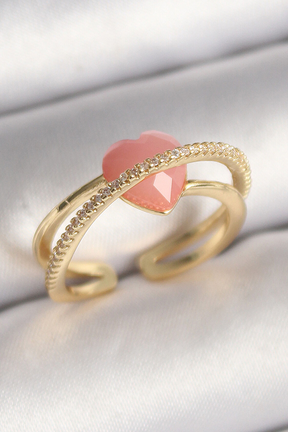 STİLLOVE Pirinç Gold Renk Pembe Kristal Kalp Model Zirkon Taş Detaylı Kadın Yüzük
