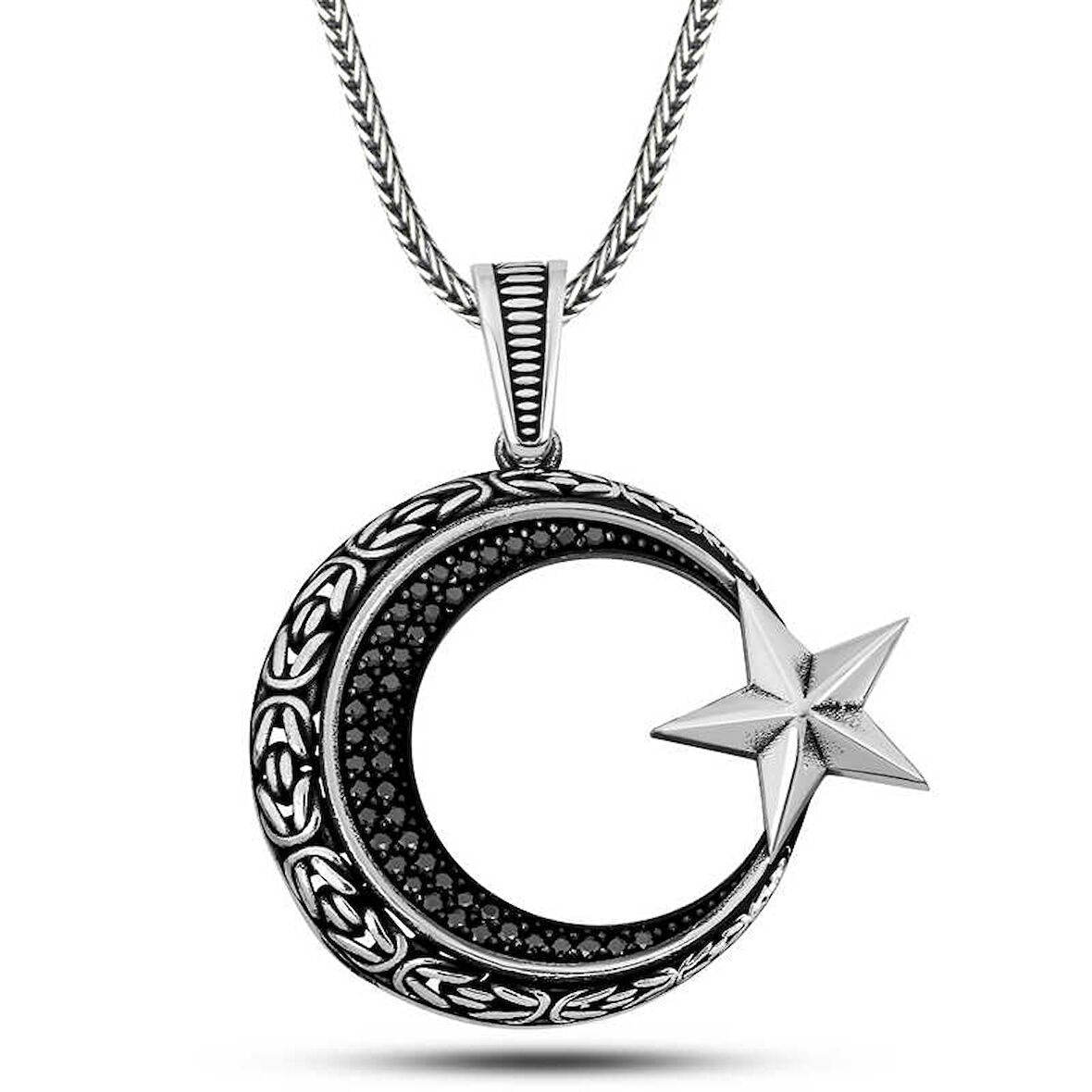 Gümüş Zirkon Taşlı Motifli Ay Yıldız Erkek Kolye SL9088