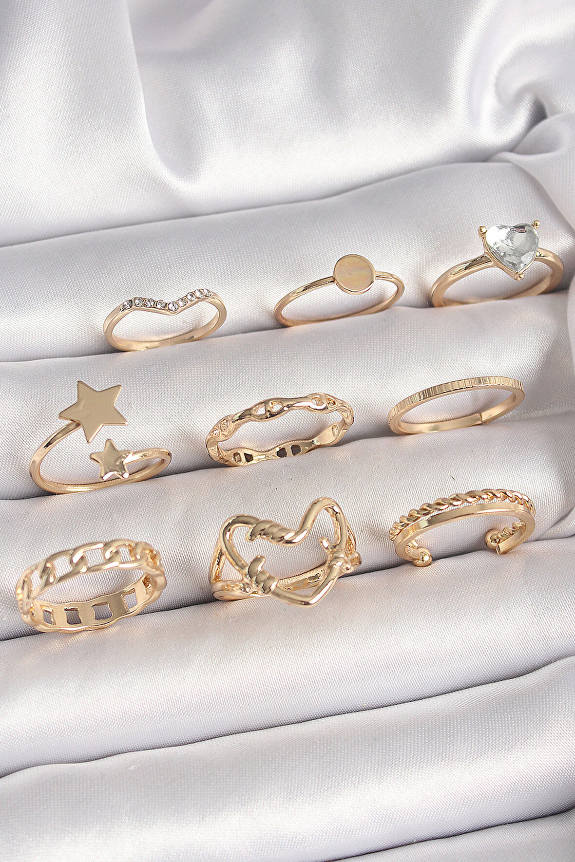 Pirinç Gold Renk Zirkon Taş Detaylı Kalp Yıldız Figür Kadın Yüzük Kombini SL10833