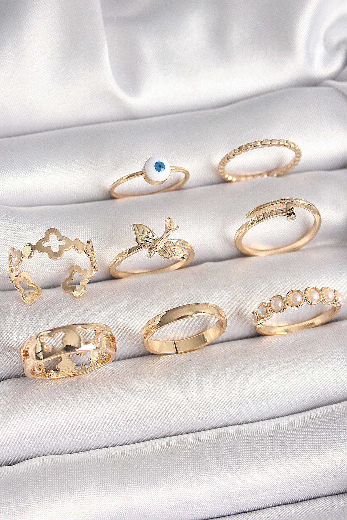 Pirinç Gold Renk Nazar Boncuk Model Kuş Detay Kadın Yüzük Kombini SL10843