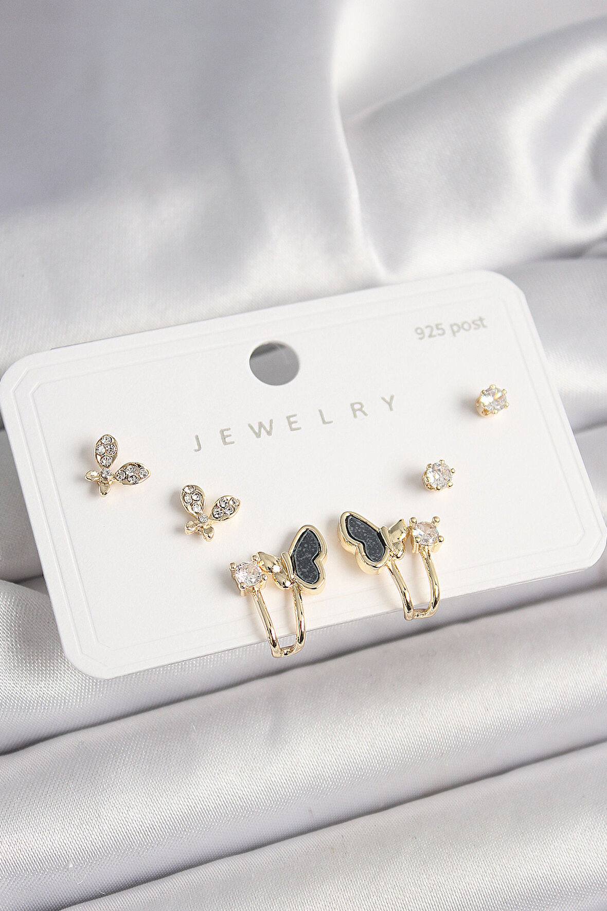 925 Ayar Gümüş Çivi Pirinç Zirkon Taşlı Kelebek Model Kadın Küpe Seti SL11036