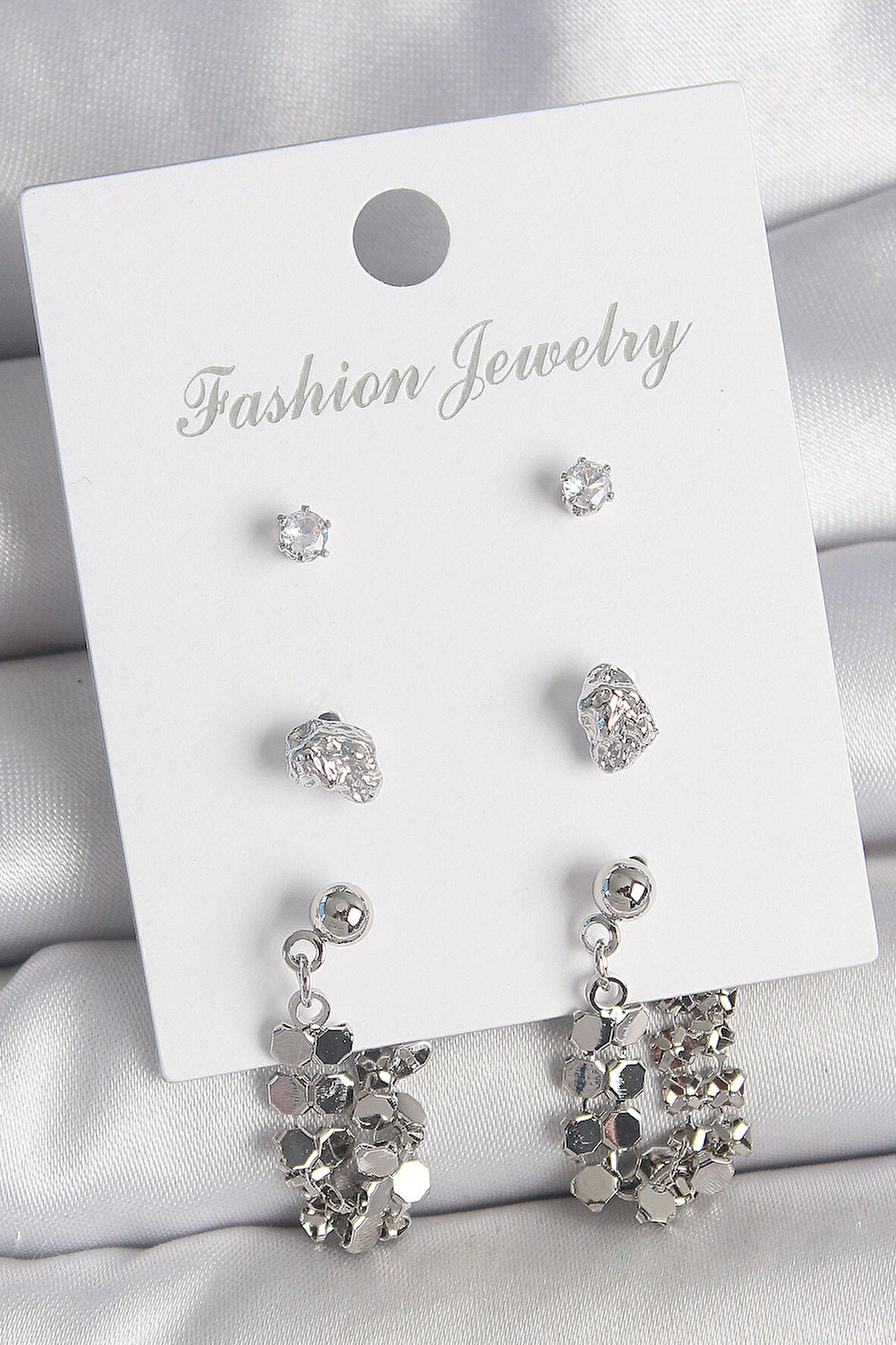 Pirinç Gümüş Renk Zirkon Taşlı Pullu Sallantılı Model 3 Çift Kadın Küpe Seti SL11853