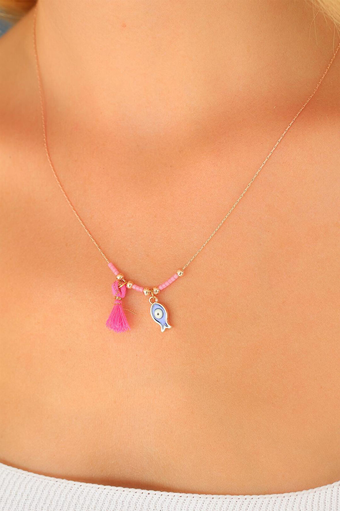 Nazar Boncuklu Pembe Renk Taşlı Rose Bayan Kolye SL11883