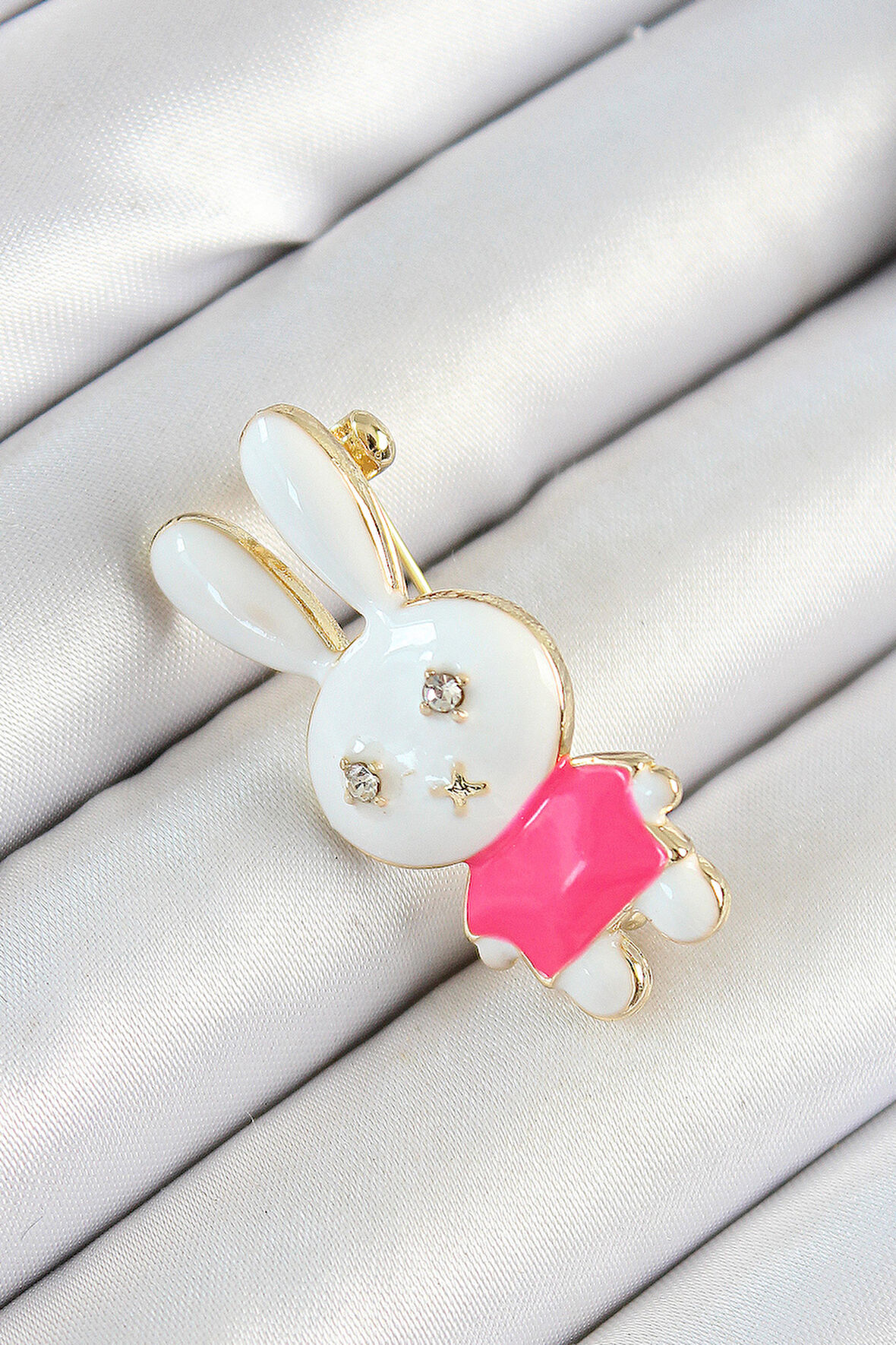 Zirkon Taş Detaylı Gold Beyaz Ve Pembe 3D Tavşan Figürlü Kadın Broş SL12061