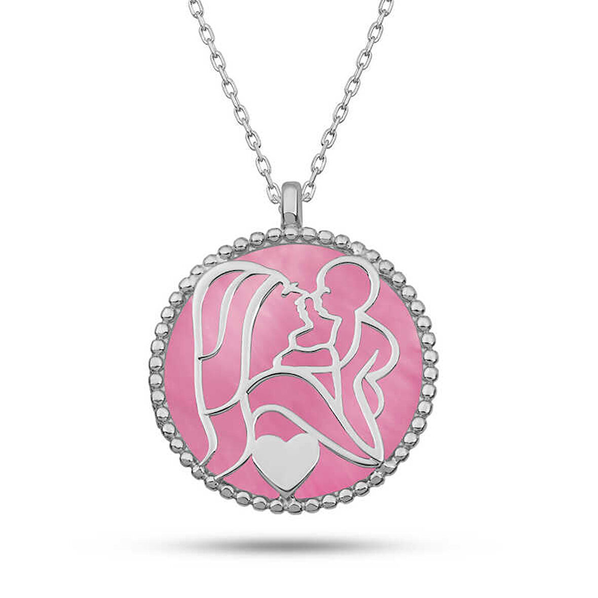 Gümüş Pembe Sedef Taşlı Anne Çocuk Sevgisi Kolye SL12082