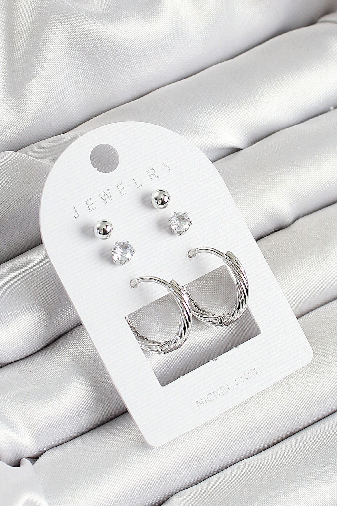 Pirinç Zirkon Taş Ve Halka Figürlü Gümüş Renk 3'lü Çift Kadın Küpe Set SL12107