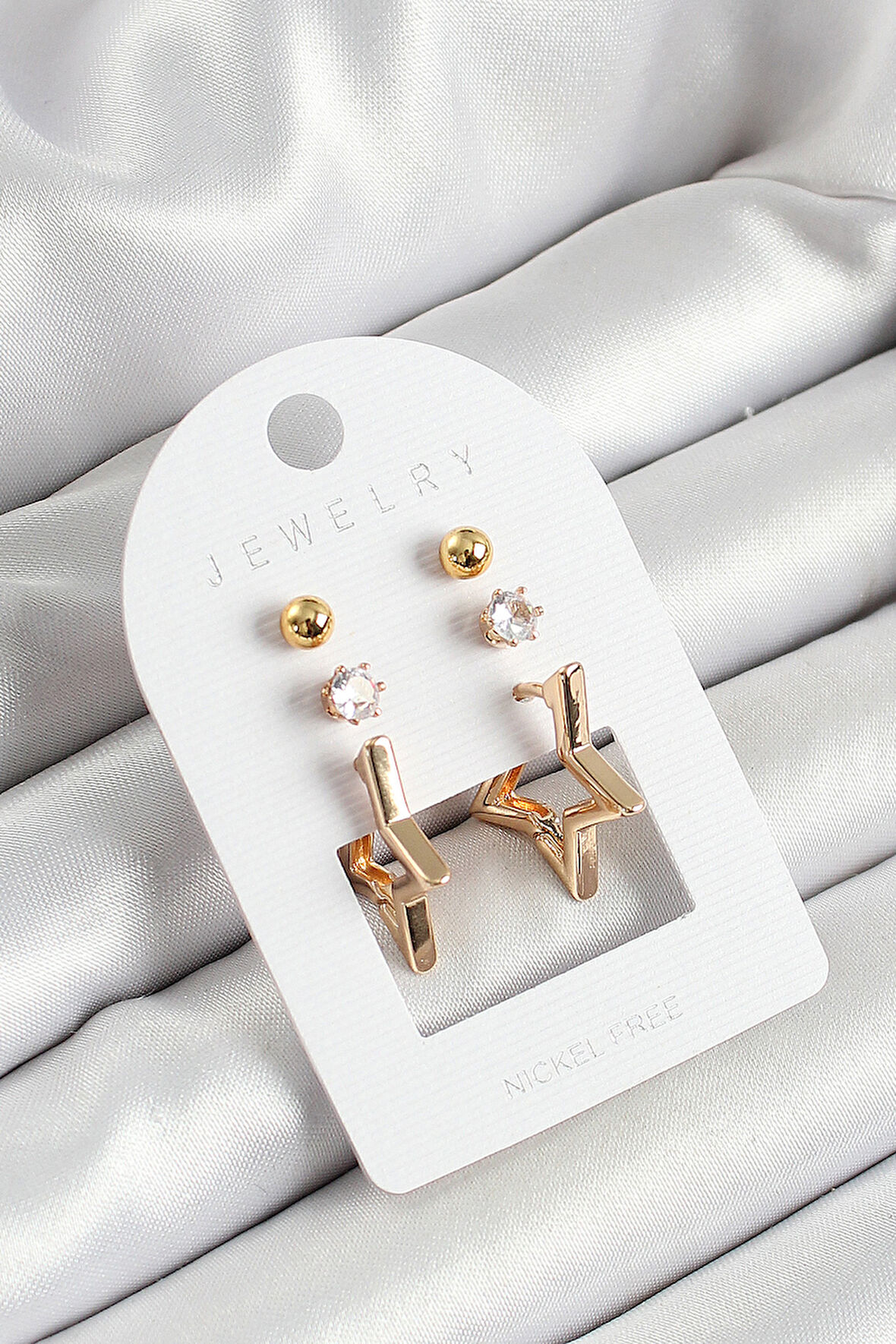 Pirinç Zirkon Taş Ve Yıldız Figürlü Gold Renk 3'lü Çift Kadın Küpe Set SL12114