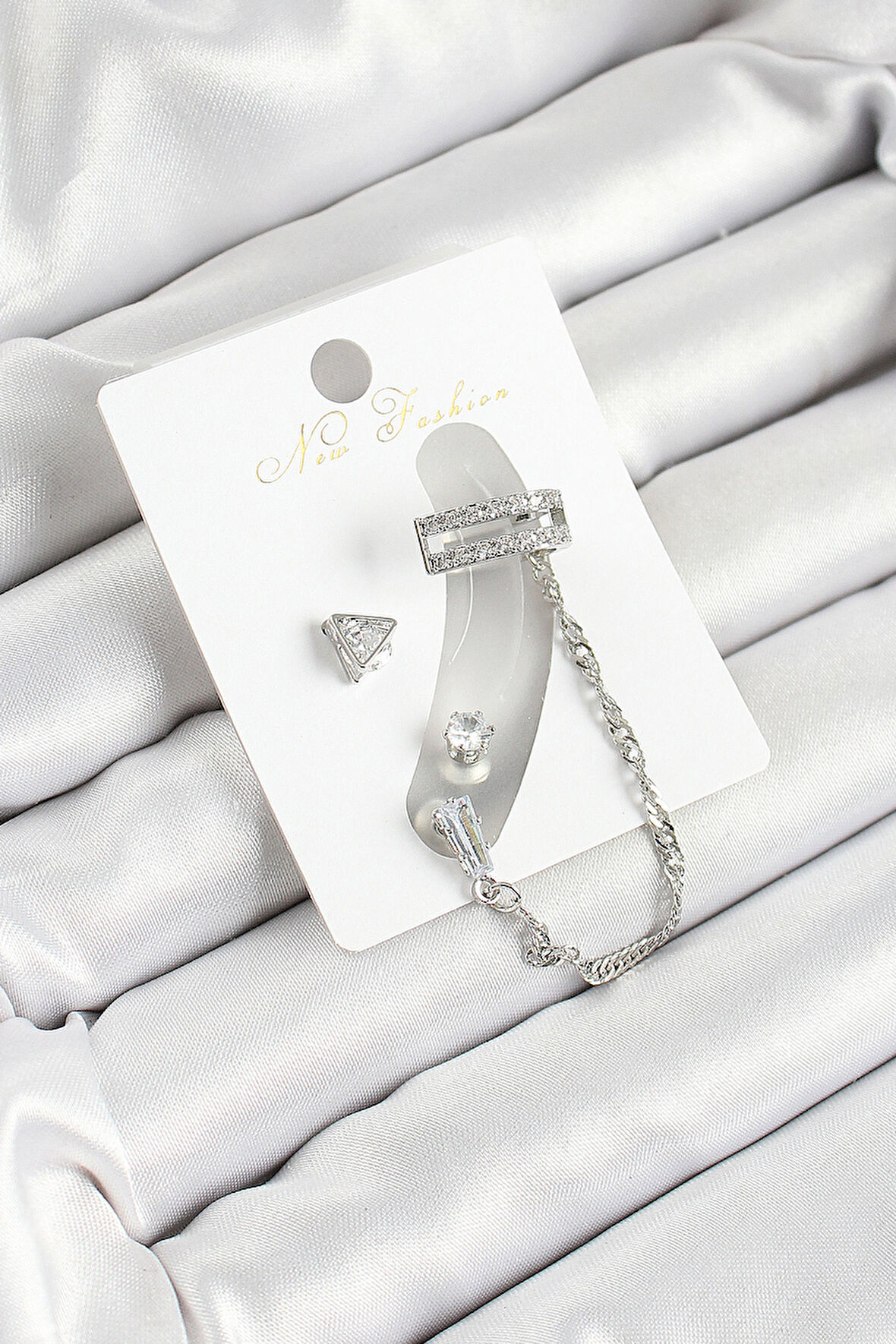 Pirinç Üçgen Figürlü Zirkon Taşlı Gümüş Renk 3'lü Kıkırdak Kadın Küpe Set SL12119