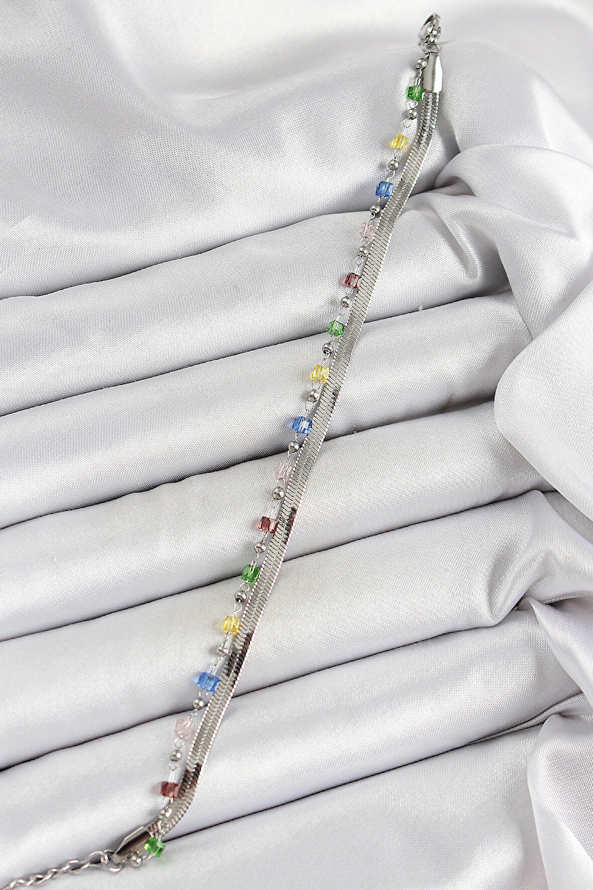 316L Çelik Gümüş Renk Karışık Renkli Kristal Taşlı Kadın Bileklik SL12318