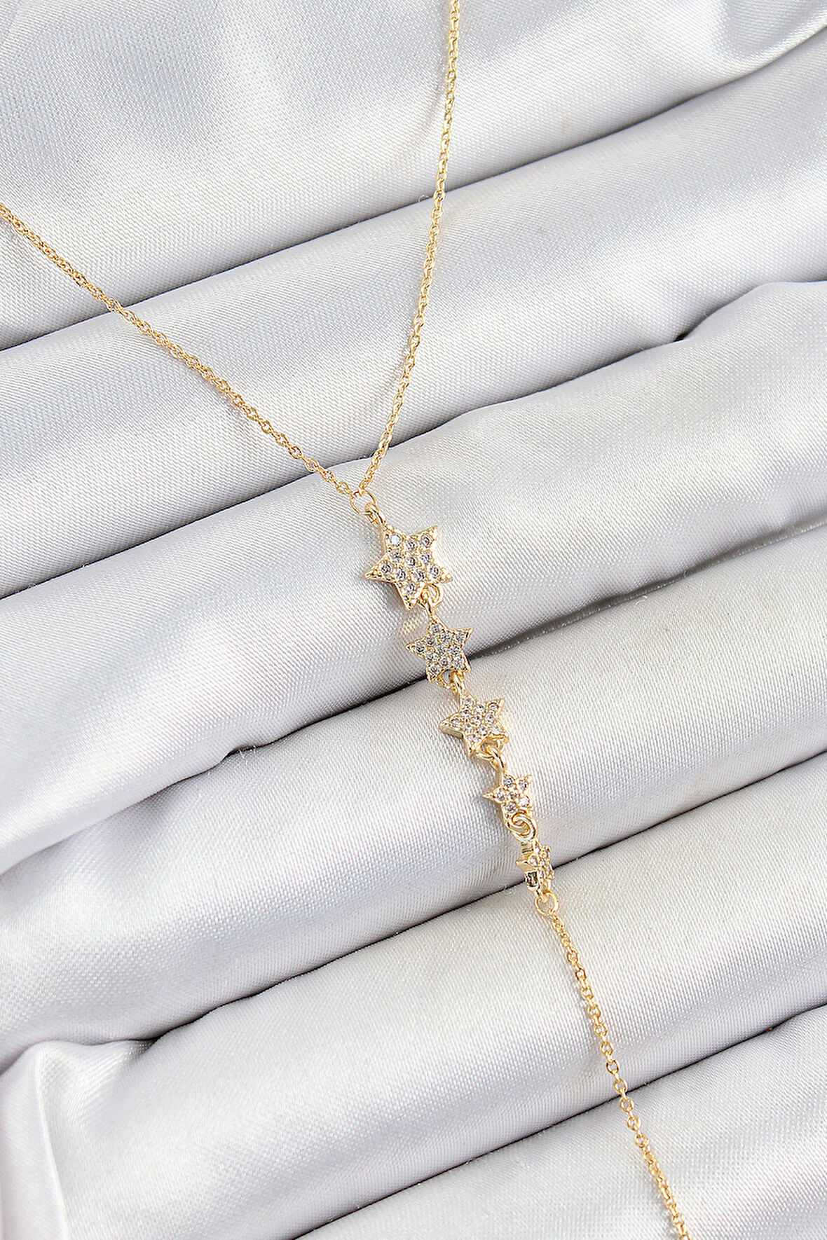 Pirinç Zirkon Taşlı Sıralı Yıldız Figürlü Y Model Gold Renk Kadın Kolye SL12562