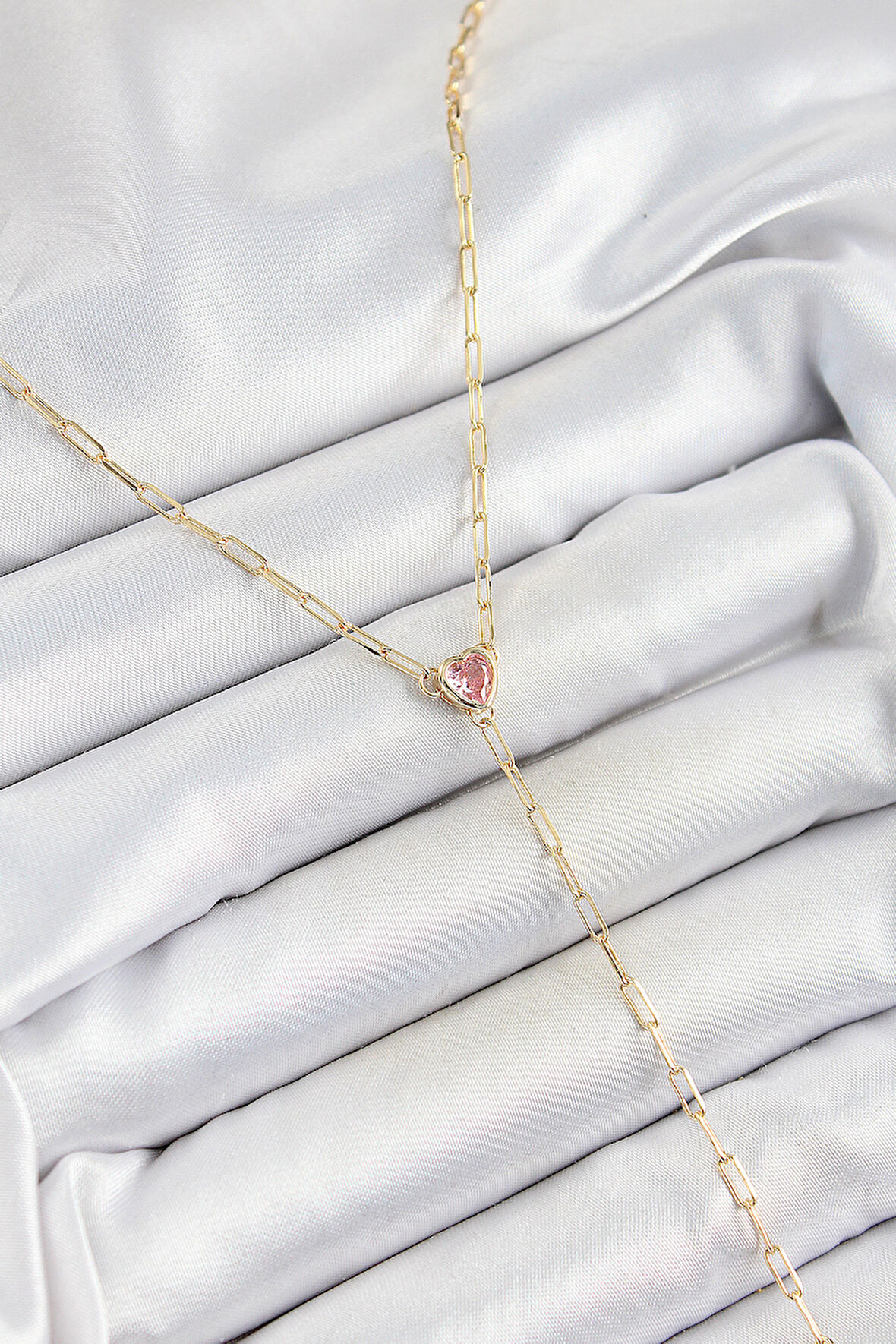 Pirinç Zirkon Taşlı Pembe Kalp Figürlü Y Model Gold Renk Kadın Kolye SL12568