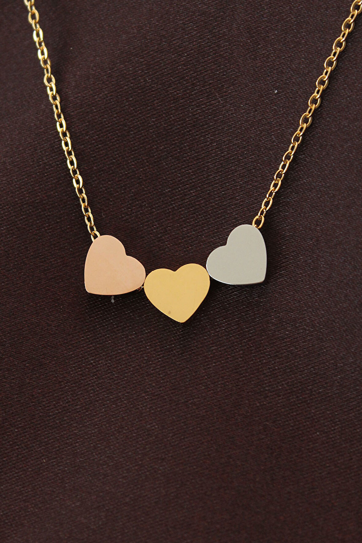 Çelik 3 Renkli Minimal 3lü Kalp Kolye