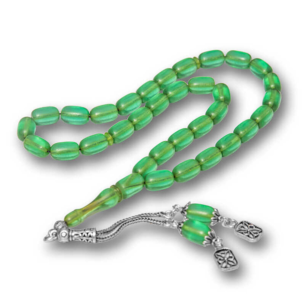 Gümüş Püsküllü Kapsül Kesim Sıkma Kehribar Tesbih SL12601