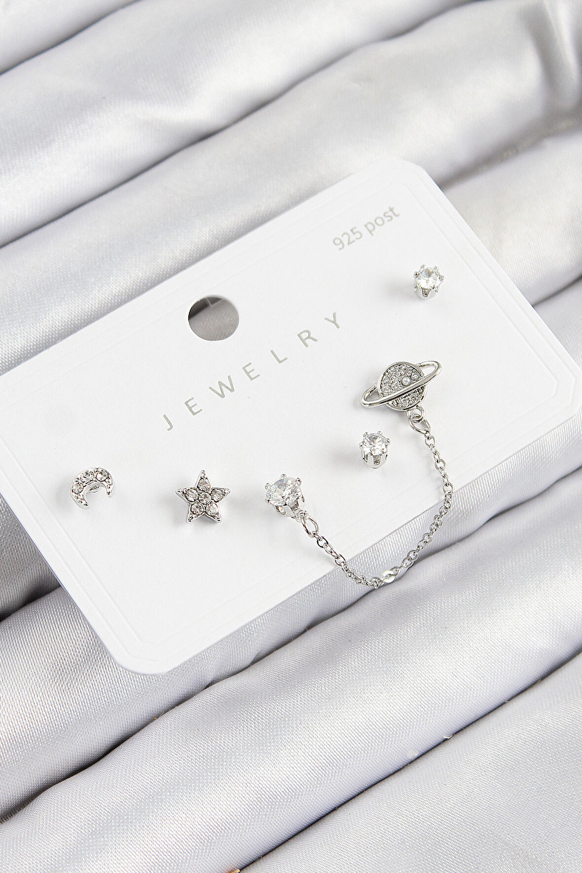 Pirinç Zirkon Taşlı Yıldız Ve Gezegen Model Gümüş Renk 925 Ayar Gümüş Çivi Kadın Küpe Set