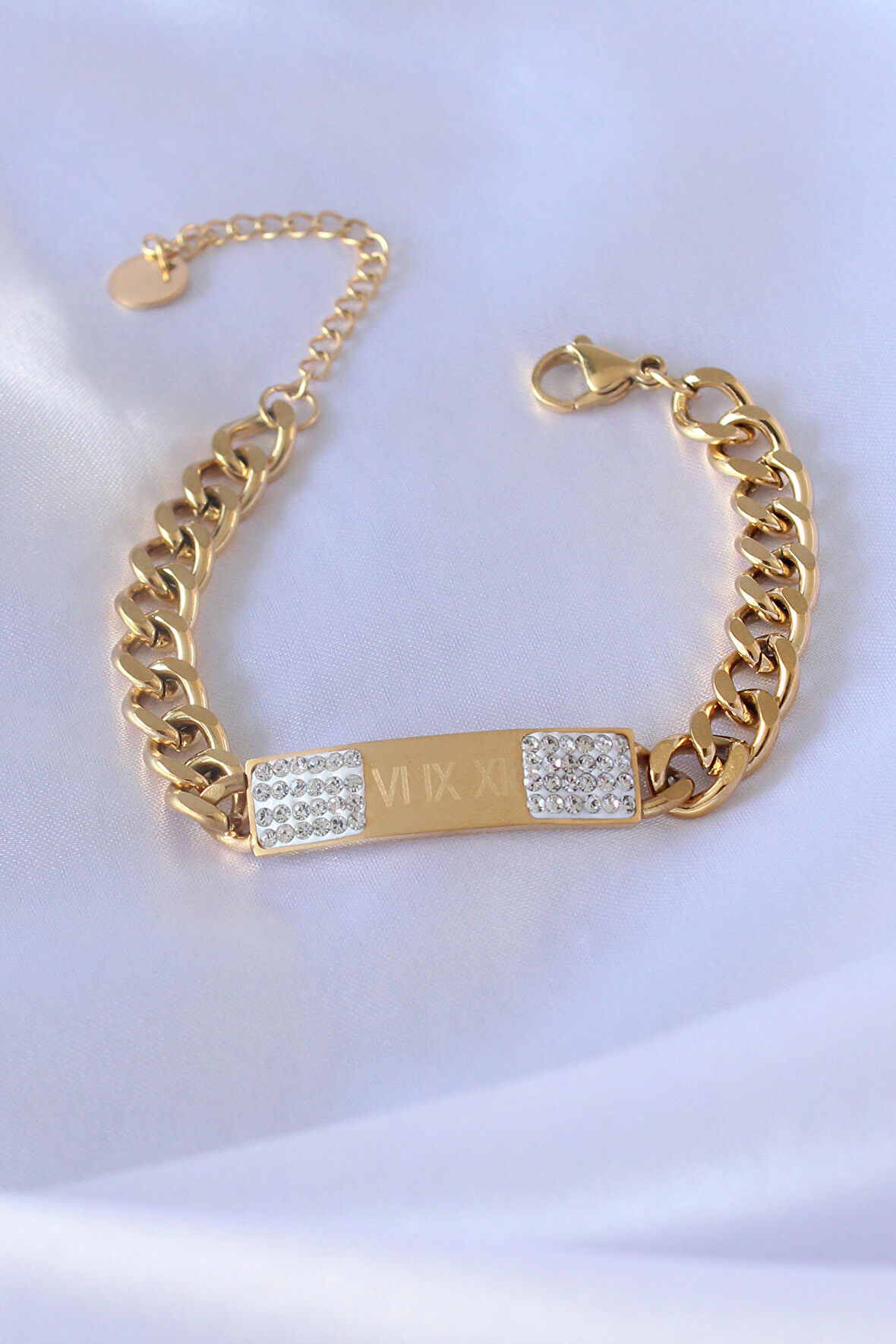 STİLLOVE 316L Çelik Gold Renk Zincir Model İşleme Detay Zirkon Taşlı Kadın Bileklik