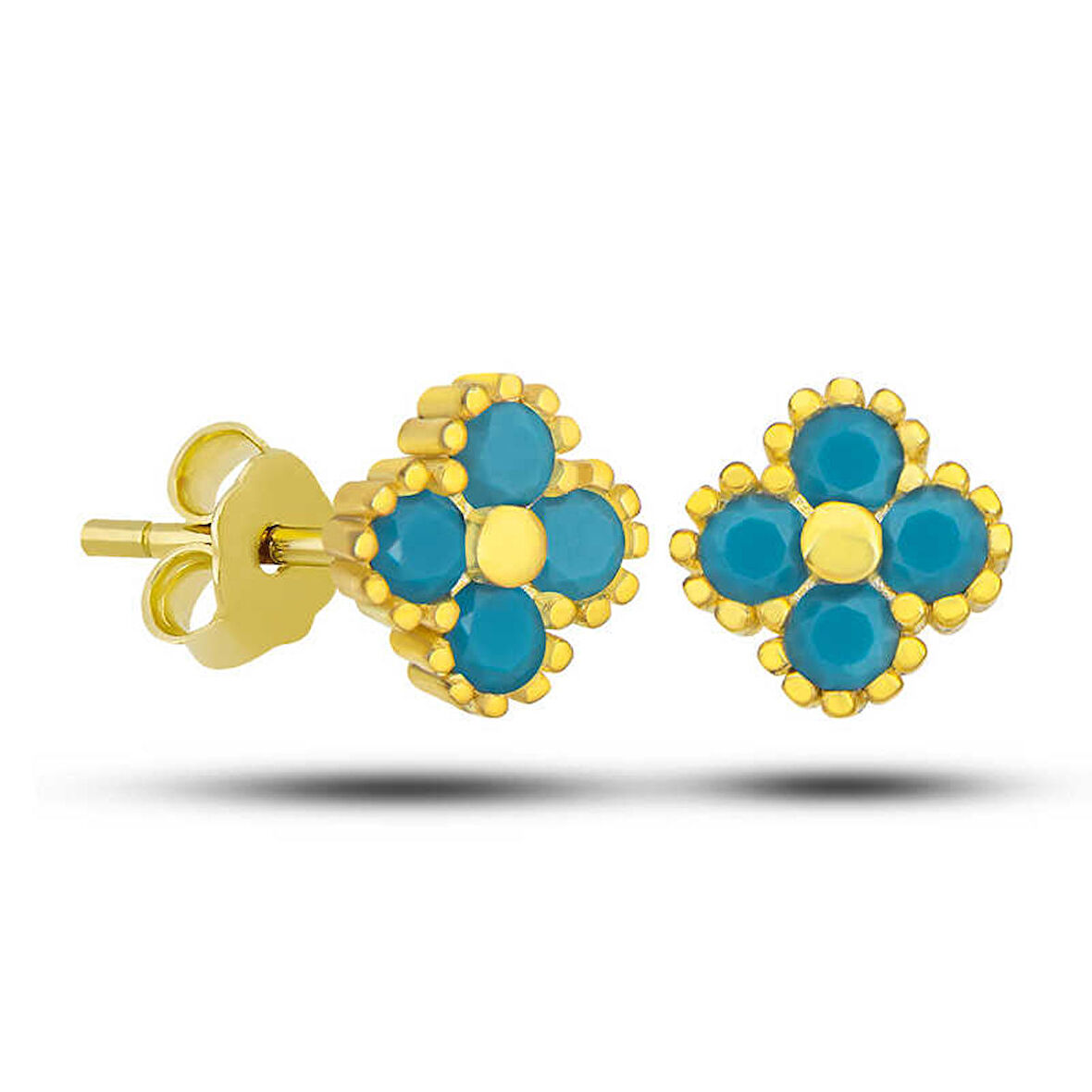 STİLLOVE Gümüş Gold Yonca Çivili Turkuaz Taşlı Çocuk Küpe