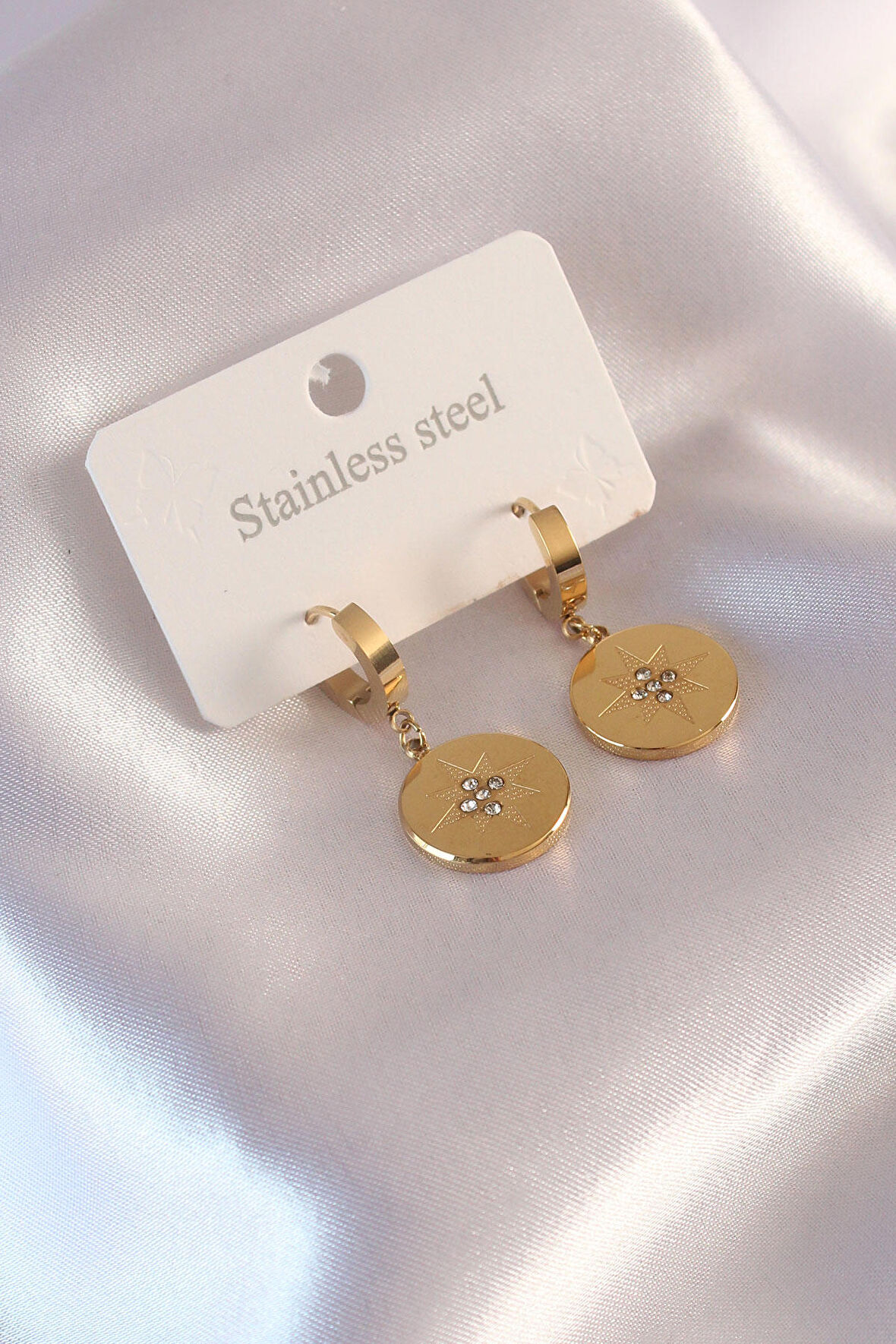 STİLLOVE Çelik Gold Renk Kutup Yıldızı İşleme Zirkon Taşlı Kadın Küpe