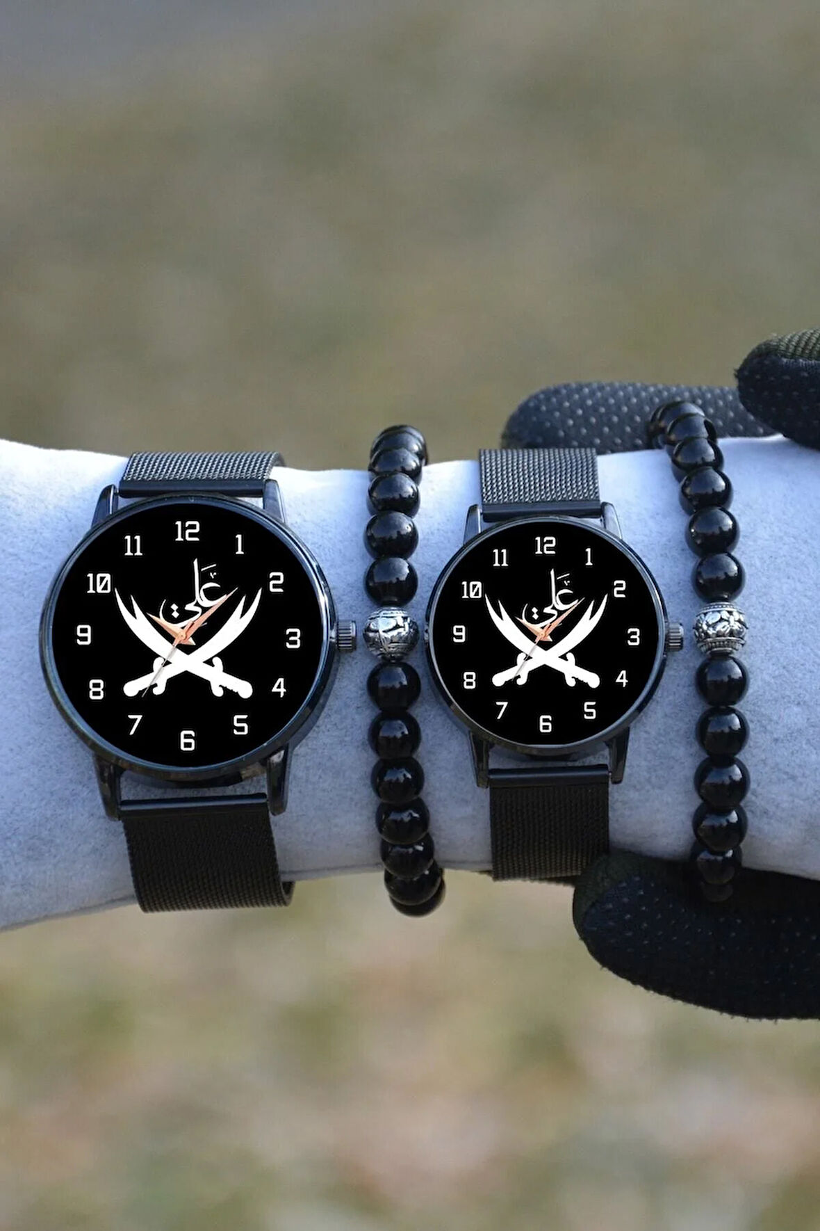 Çift Saatleri Siyah Hasır Kordon Hz Ali Ve Zülfikar Sevgili Bay Sevgililer Günü