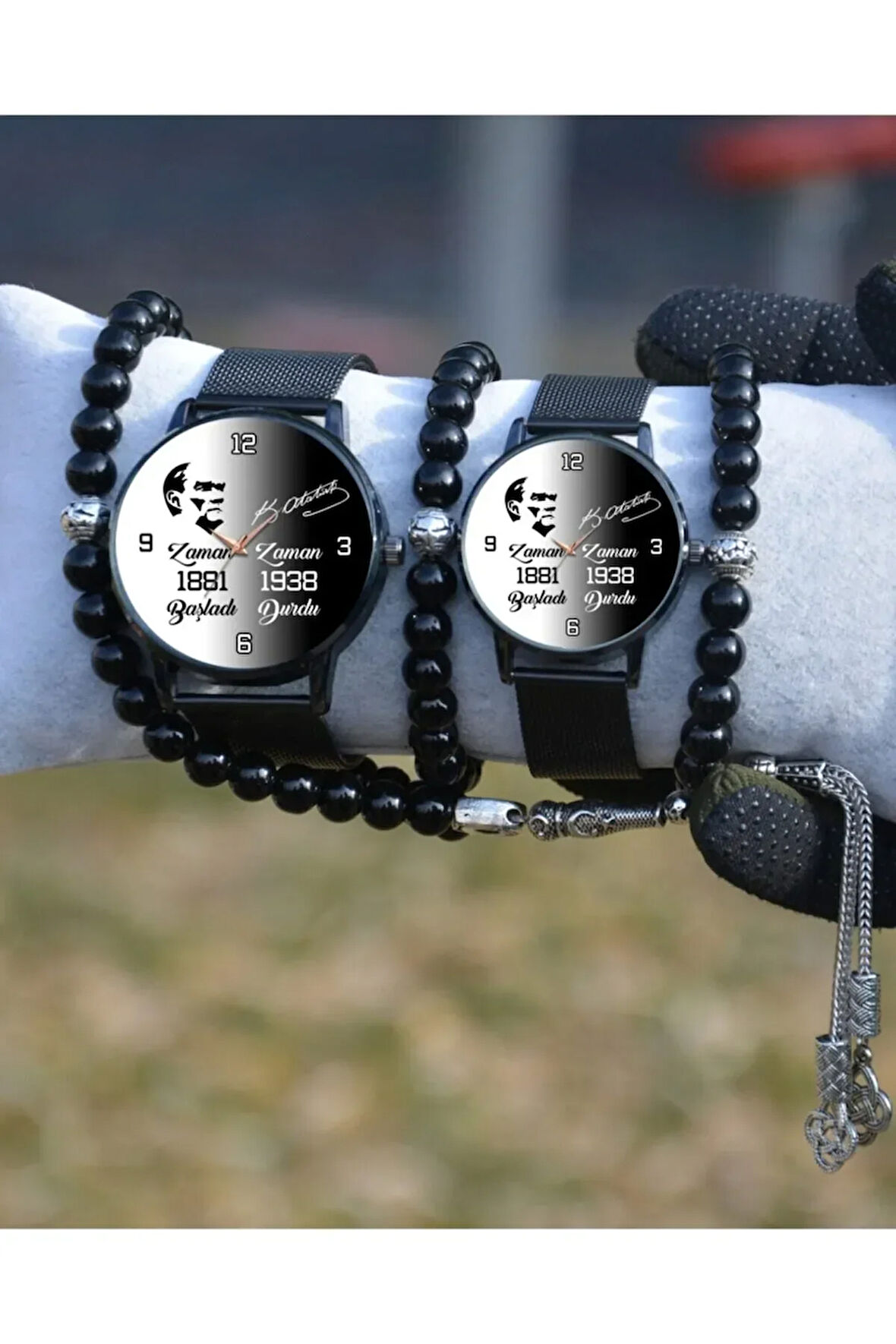 Çift Saatleri Sevgili Kadın Erkek Bileklik Tesbih Hediyeli Kemal Atatürk Siluet İmzalı Kombin