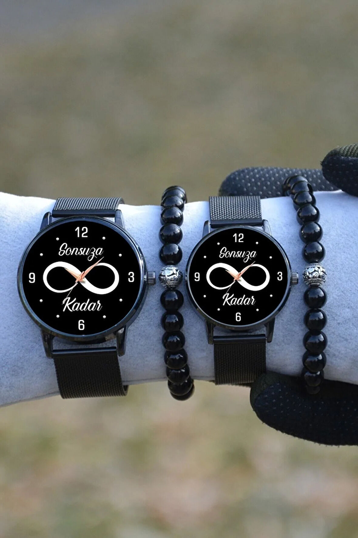 Çift Saatleri Sevgili Siyah Hasır Bay Harfli Bileklikli Sonsuza Kadar Sevgililer Günü