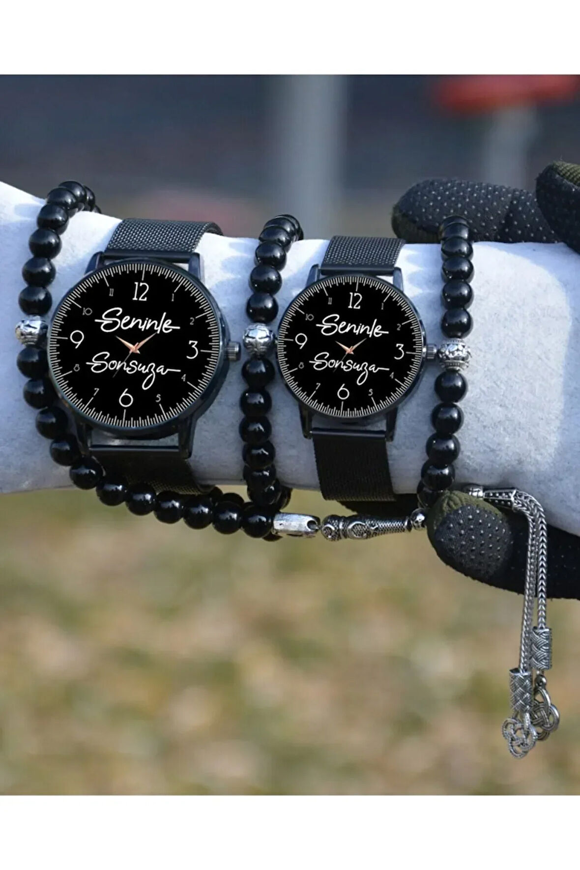 Çift Saatleri Siyah Hasır Seninle Sonsuza Kadın Erkek Bileklik Sevgili Kombini Hediyesi