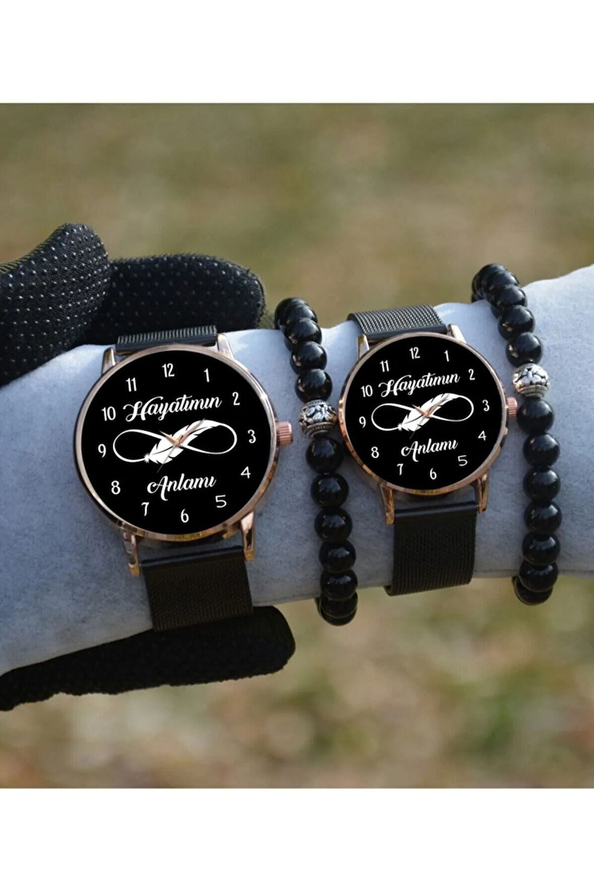Çift Saatleri Kadın Erkek Sevgili Çift Kol Saatleri Bileklik Hediyeli Siyah Hasır Kordon