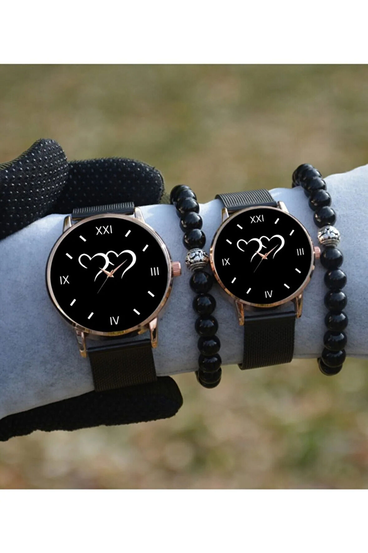 Çift Saatleri Sevgili Saati Siyah Rose Gold Hasır Çift Kalp Saat Ve Bileklik Hediyeli Çift Saatleri