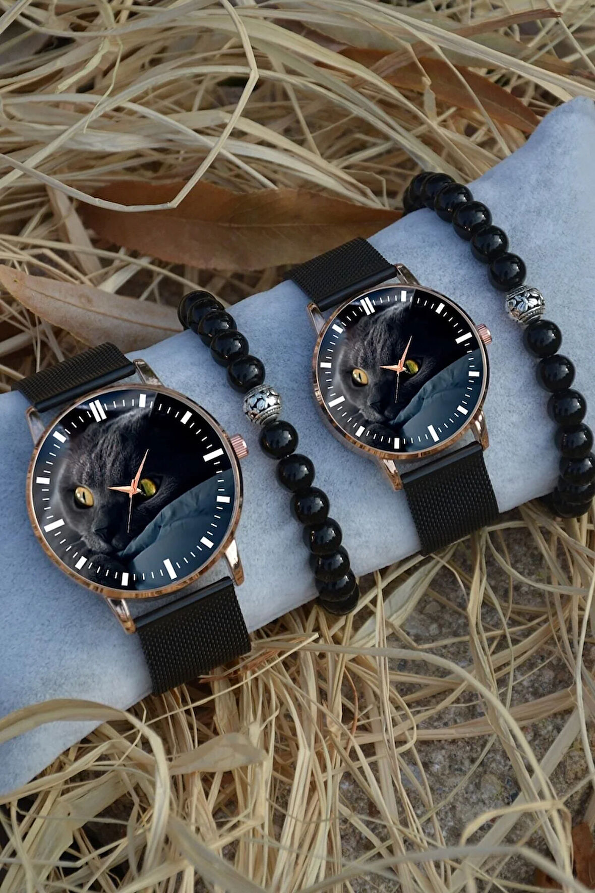 Çift Saatleri Sevgili Saati Siyah Rose Gold Hasır Çift Kedi Gözü Saat Ve Bileklik Çift Saatleri