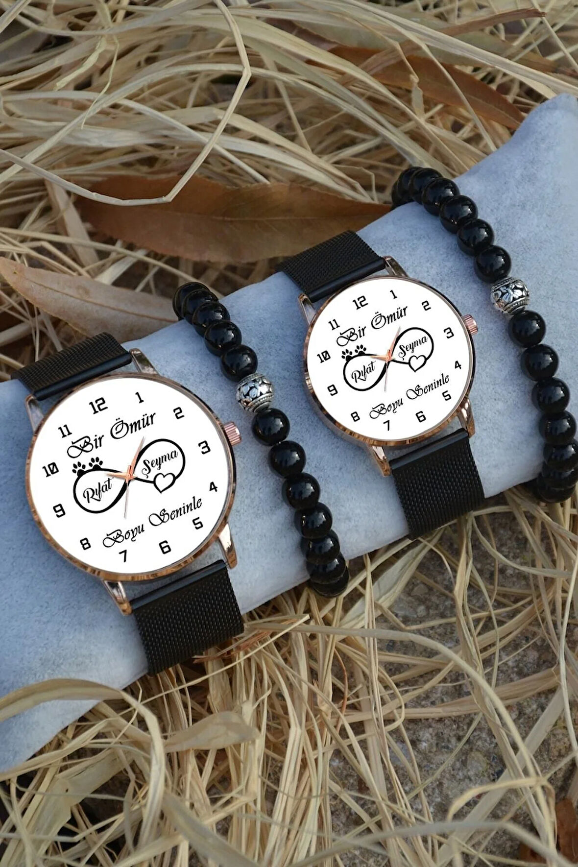 Çift Saatleri Sevgili Saatleri Beyaz Bir Ömür Boyu Seninle ve Isim Yazılı Unisex Çift Kol Saatleri