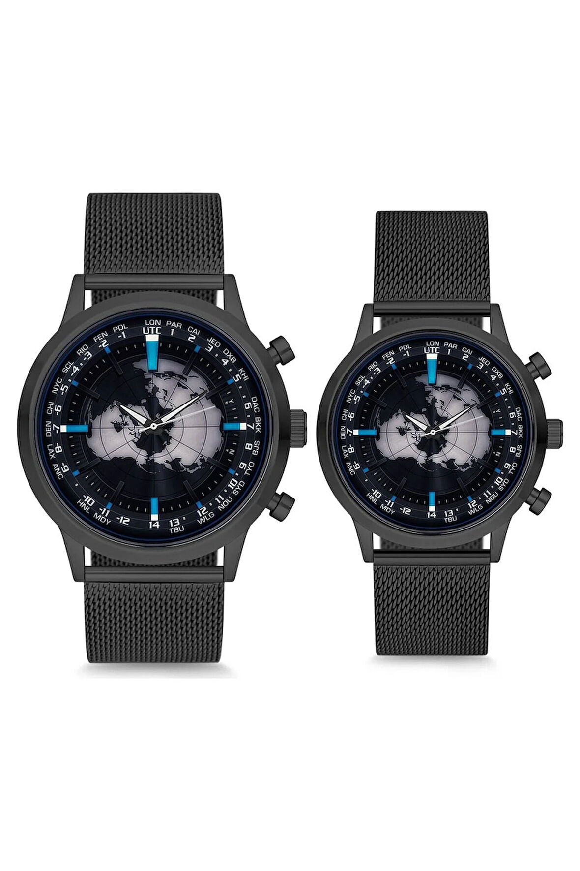 Çift Saatleri Sevgili Saati Siyah Dünya Haritası Çift Kol Saati