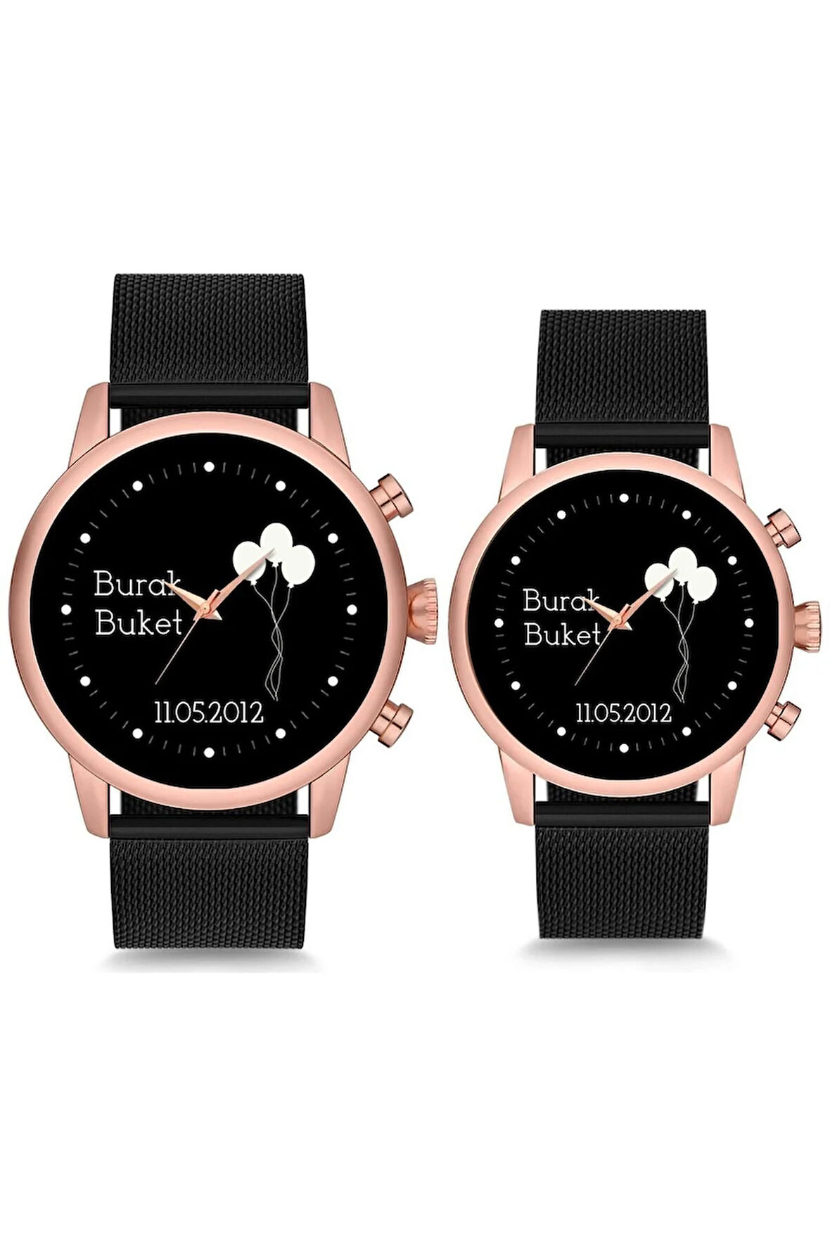 Çift Saatleri Uçan Balon İsimli ve Tarihli Sevgili Çift Kol Saatleri