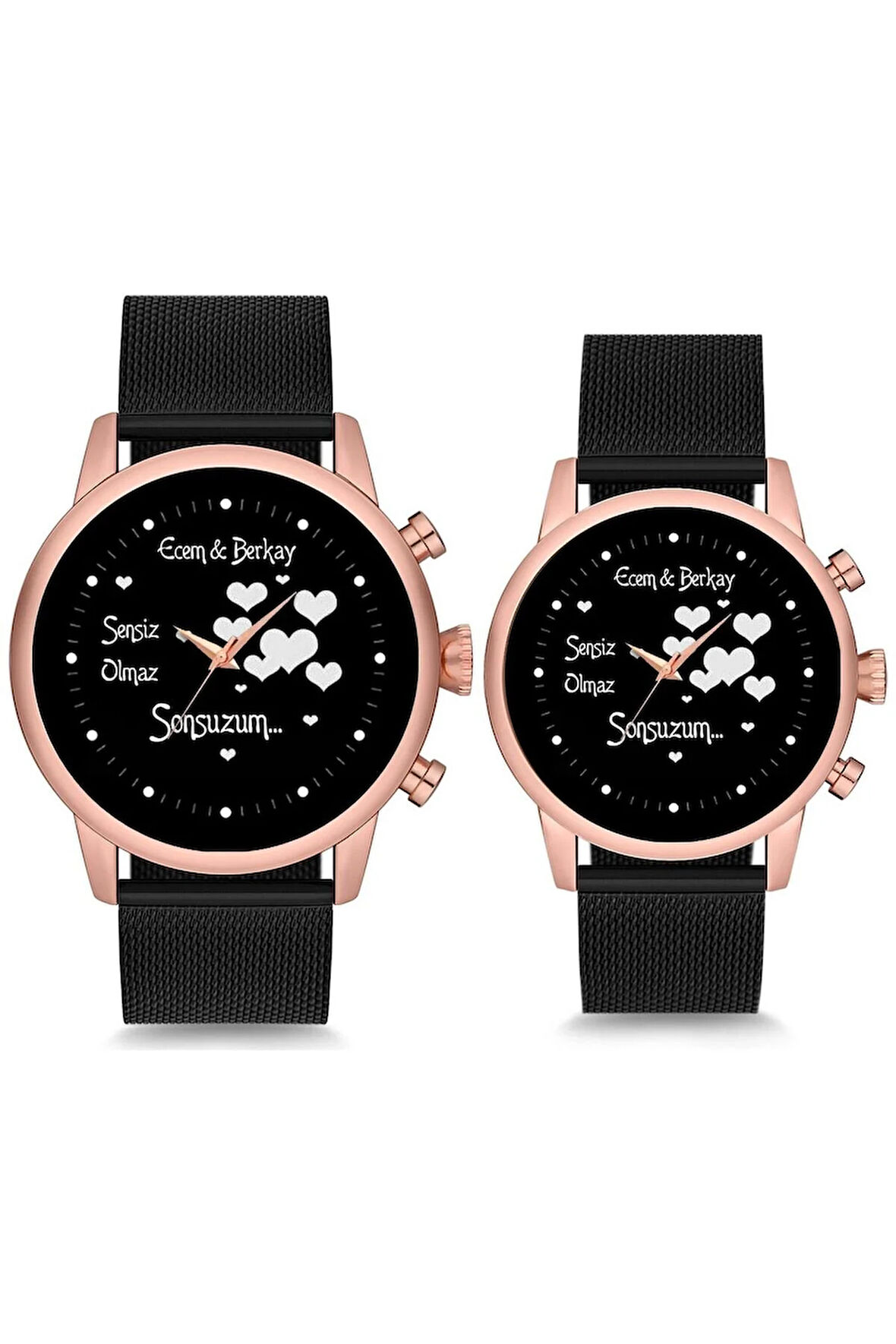 Çift Saatleri Uçan Kalpler İsimli ve Tarihli Sevgili Çift Kol Saatleri