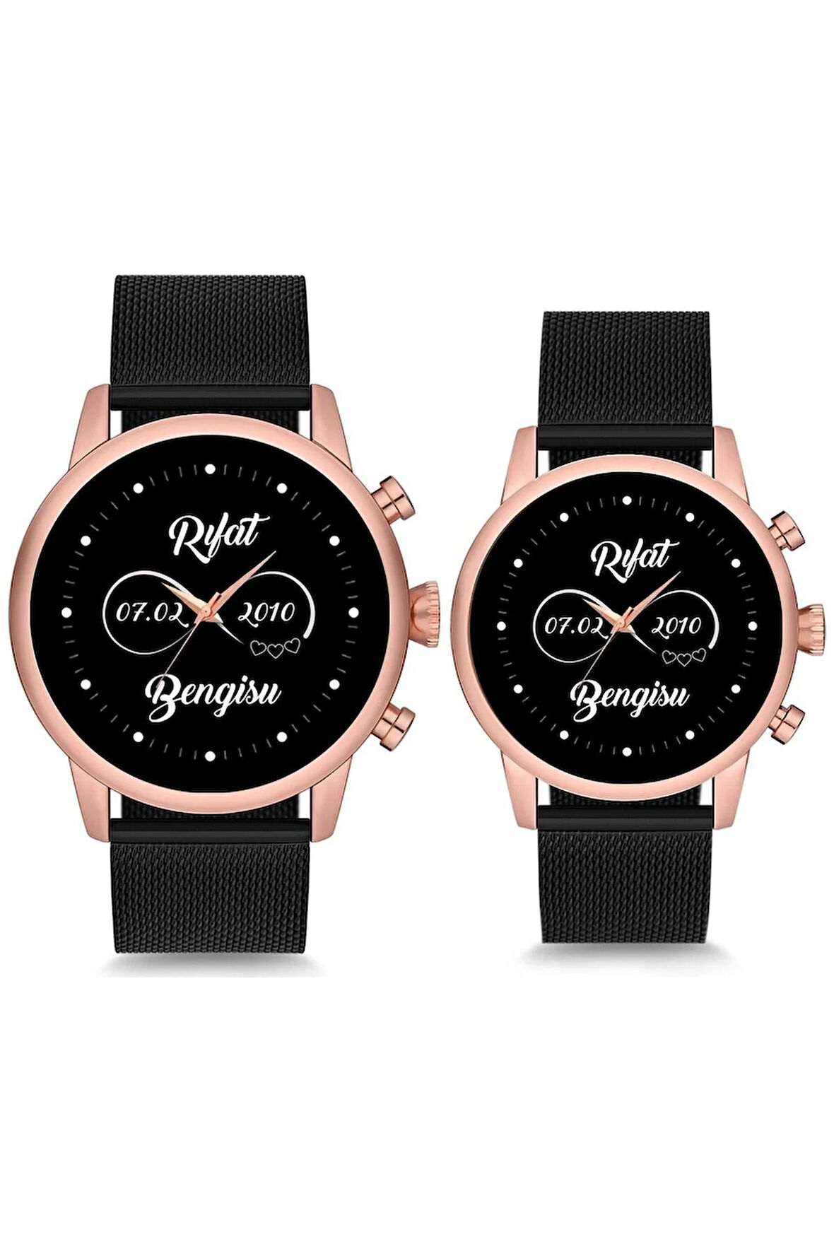 Çift Saatleri Sevgili Saati Sonsuzluk İçerisinde İsim ve Tarih Baskılı Çift Kol Saati