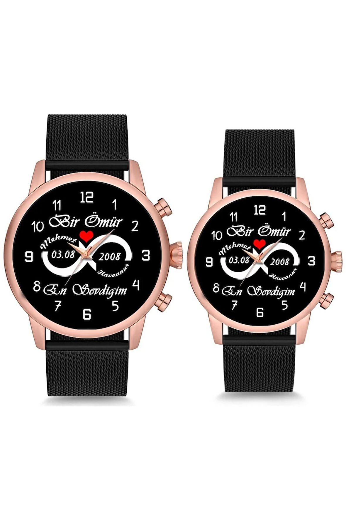 Çift Saatleri Sevgili Saati Sonsuzluk Kalpli İsimli ve Tarihli Çift Kol Saatleri