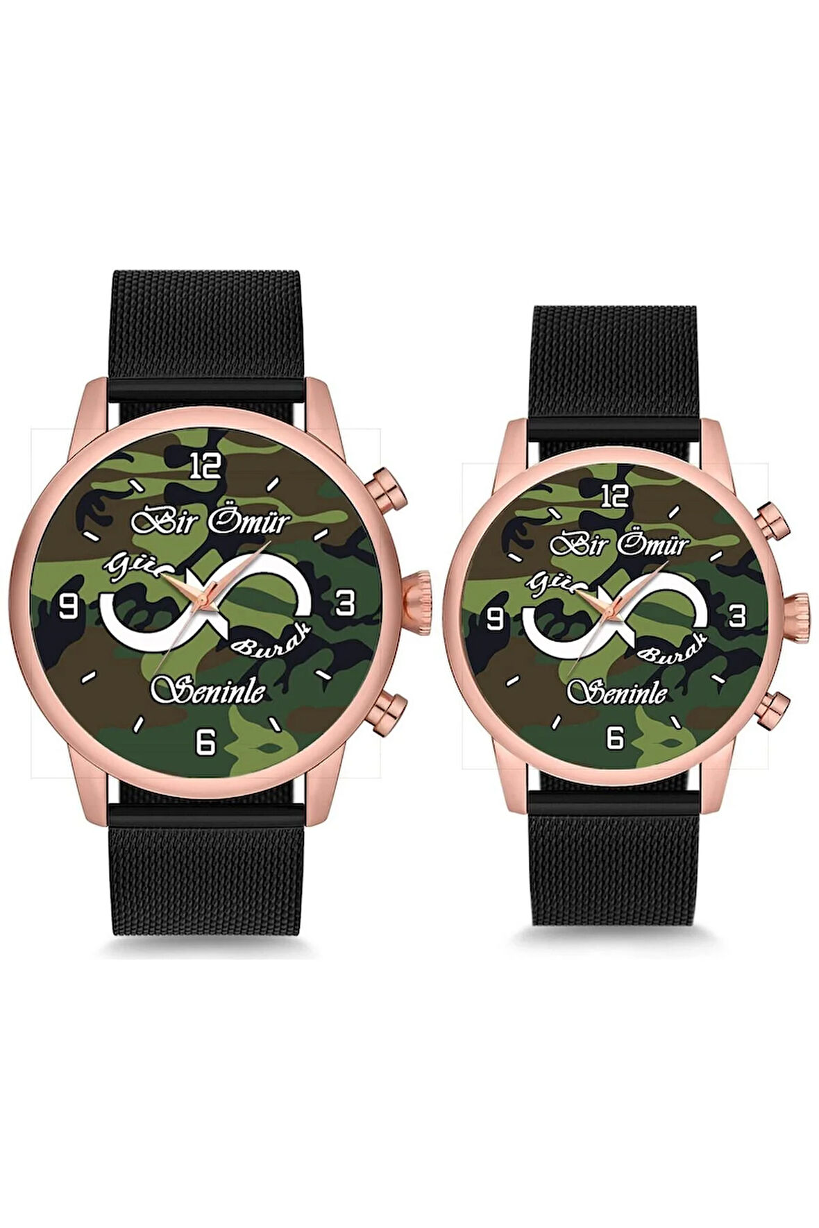 Çift Saatleri Sevgili Saati Kamuflaj Desenli İsimli ve Tarihli Çift Kol Saati