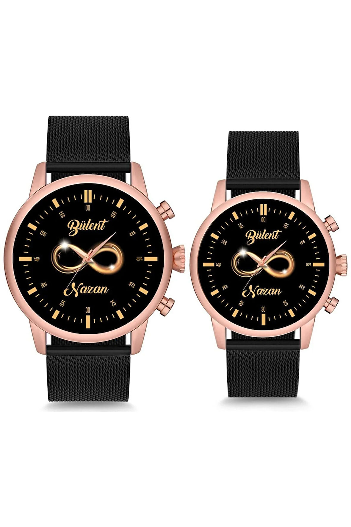 Çift Saatleri Sarı Sonsuzluk Sevgili Saati İsim ve Tarihli Gold Çift Kol Saatleri